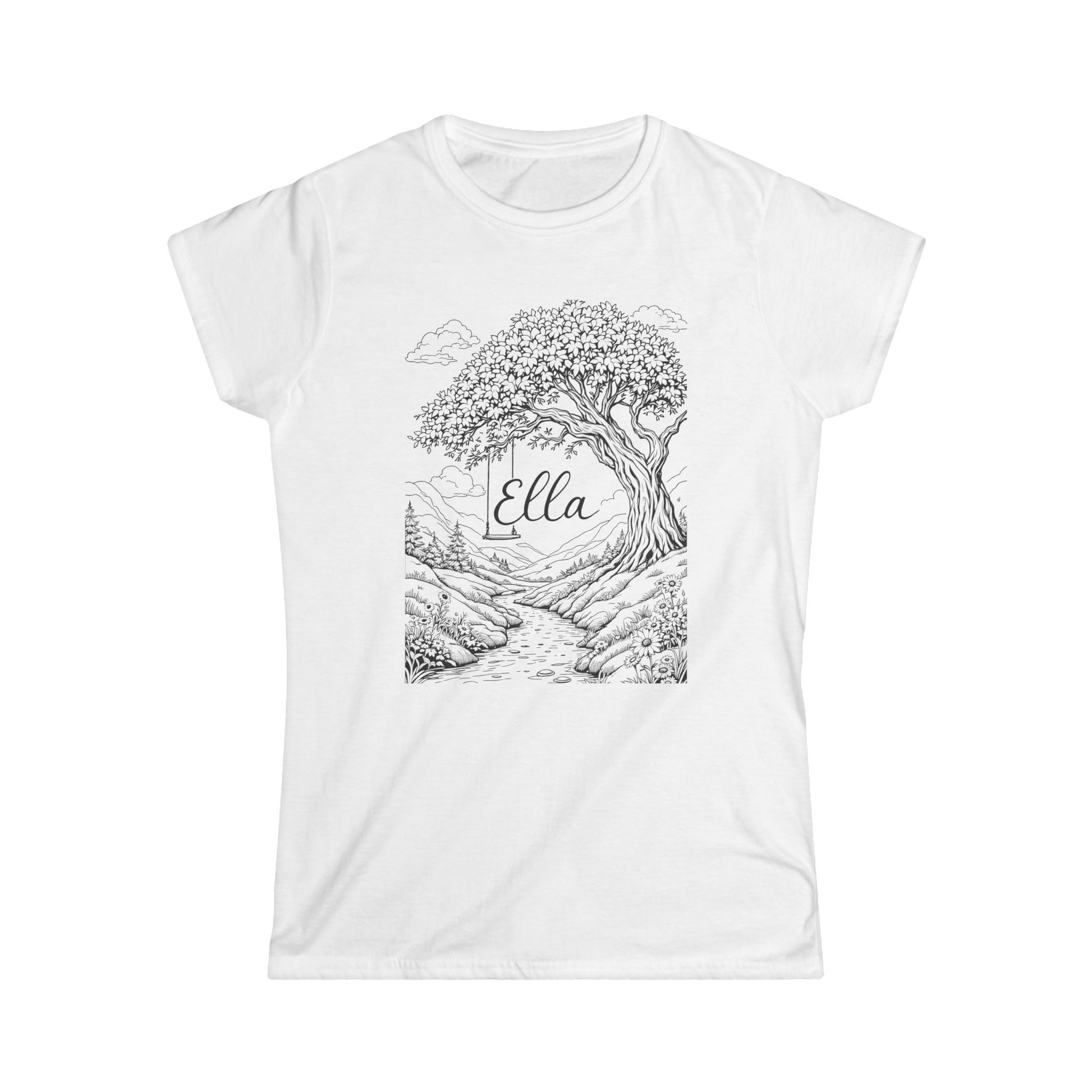 "White short-sleeved T-shirt with graphic design featuring black and white illustration of tree with birds, mountain landscape, and cursive script 'Ella' above tree."