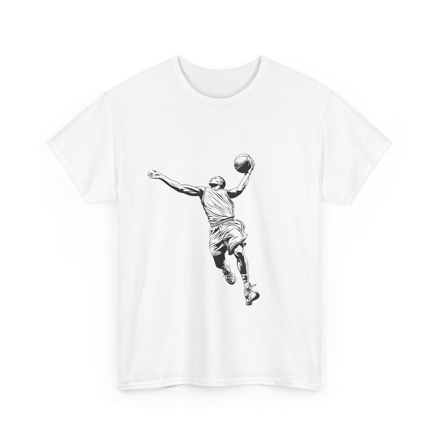 "White t-shirt featuring a black and white graphic of an athlete in mid-action, possibly jumping or throwing a basketball."