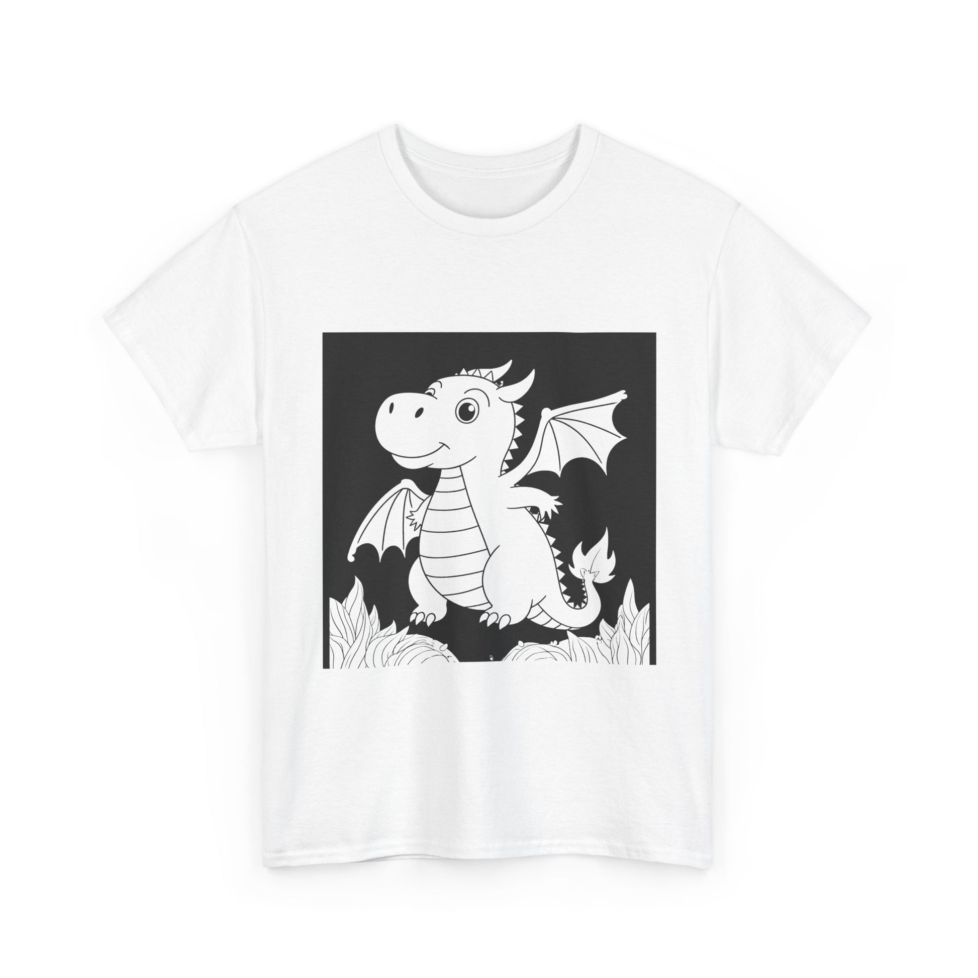 "White T-Shirt with Black and White Dragon Graphic"