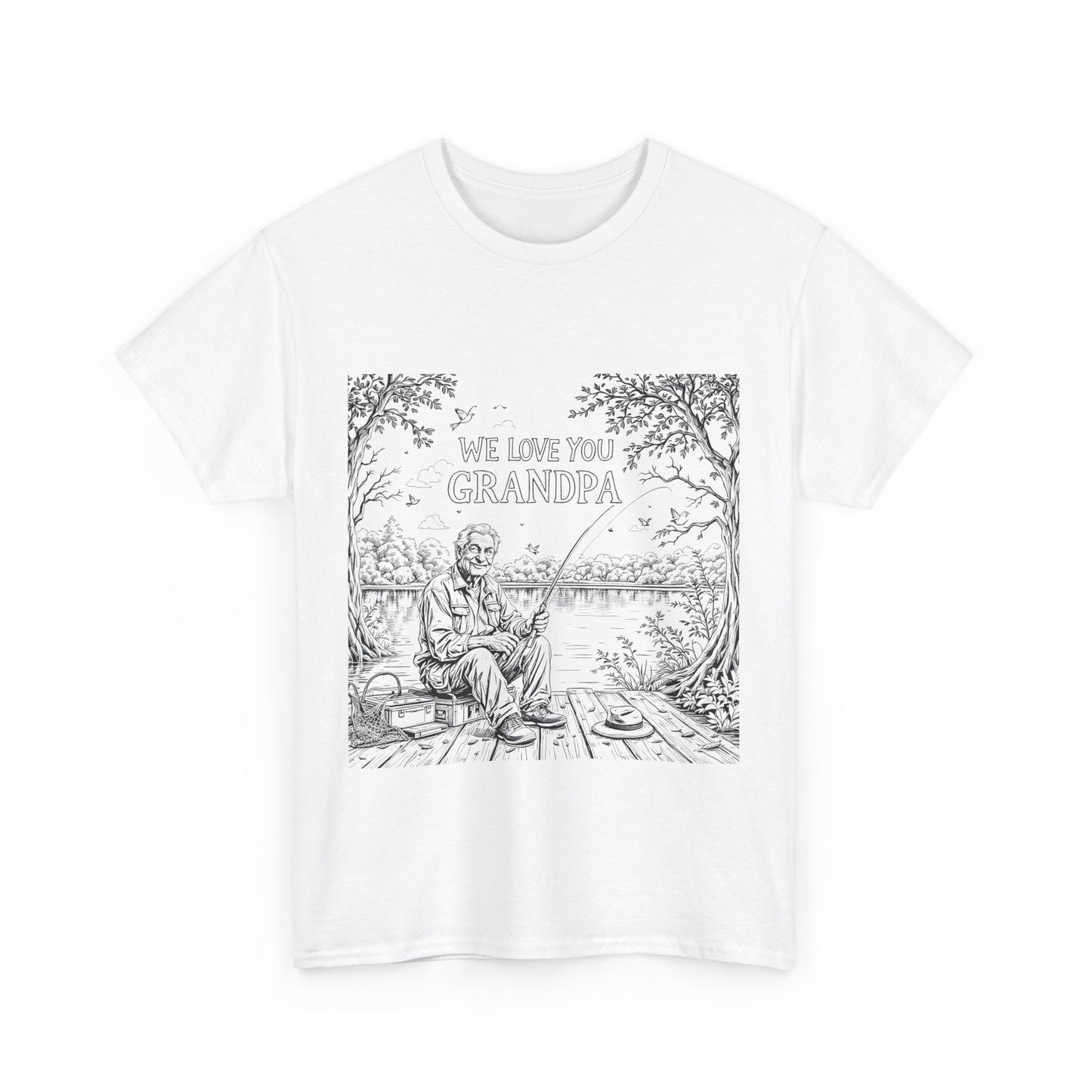 "A white t-shirt featuring a black and white graphic design of a fisherman by a lake, holding a fishing rod with catch dangling, surrounded by trees and a clear sky, with text 'A Fisher Of Men' at top."