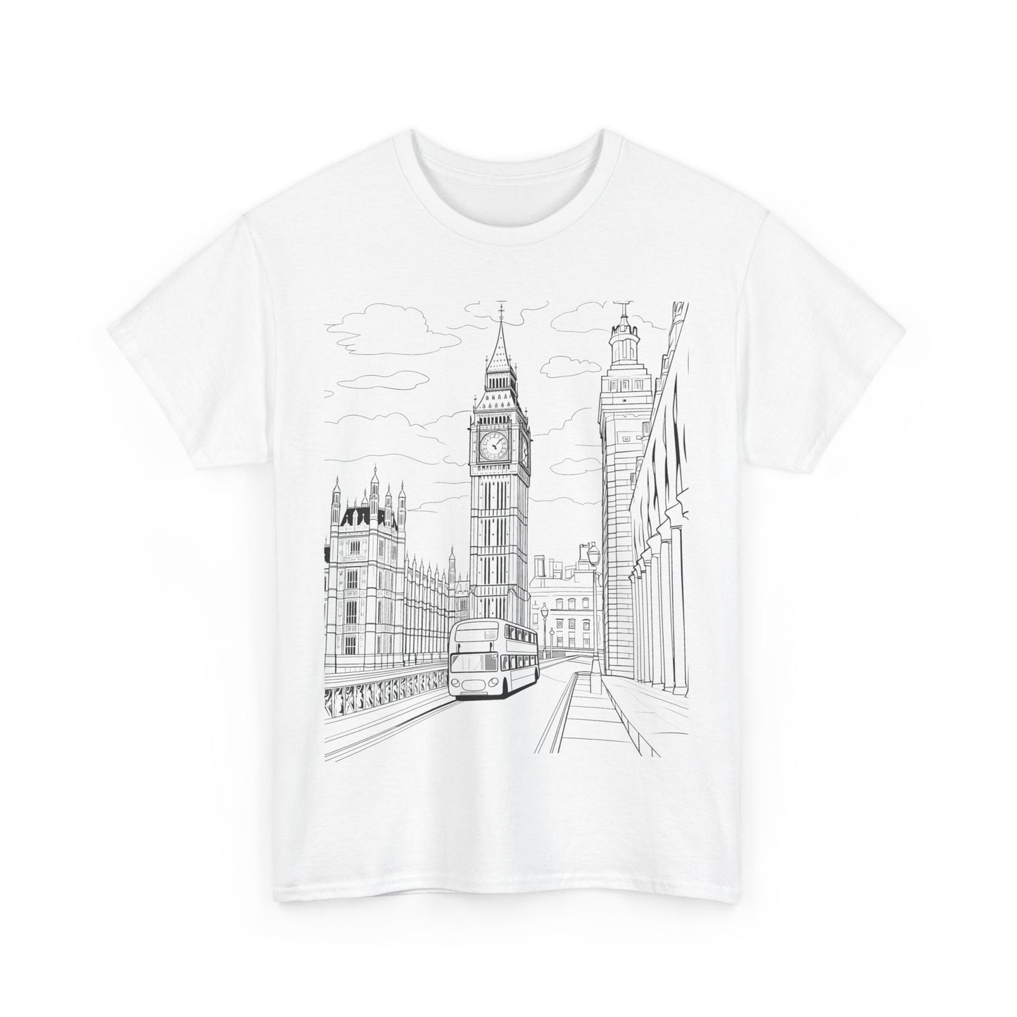 "White t-shirt featuring a black line drawing of the London skyline, including Big Ben and the London Eye."