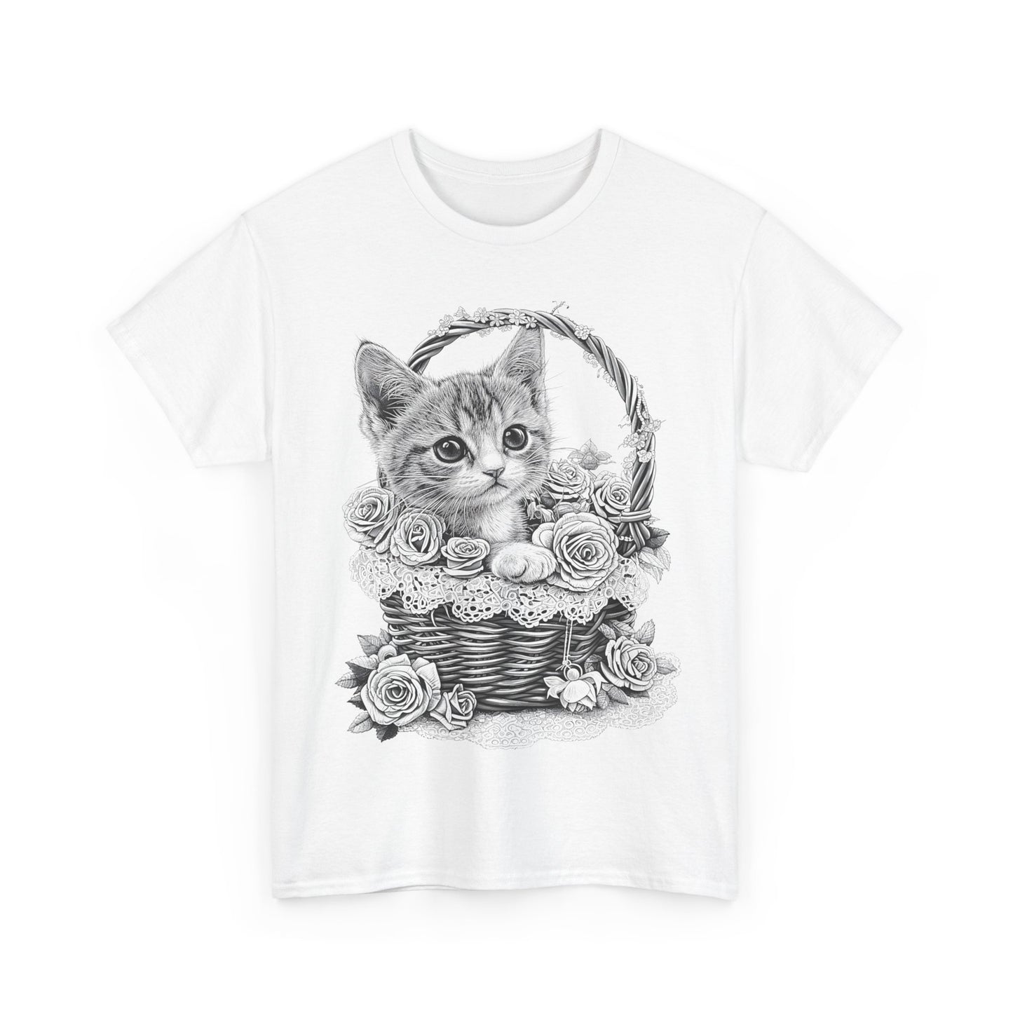 "White t-shirt featuring a cartoon kitten in an Easter basket surrounded by roses."