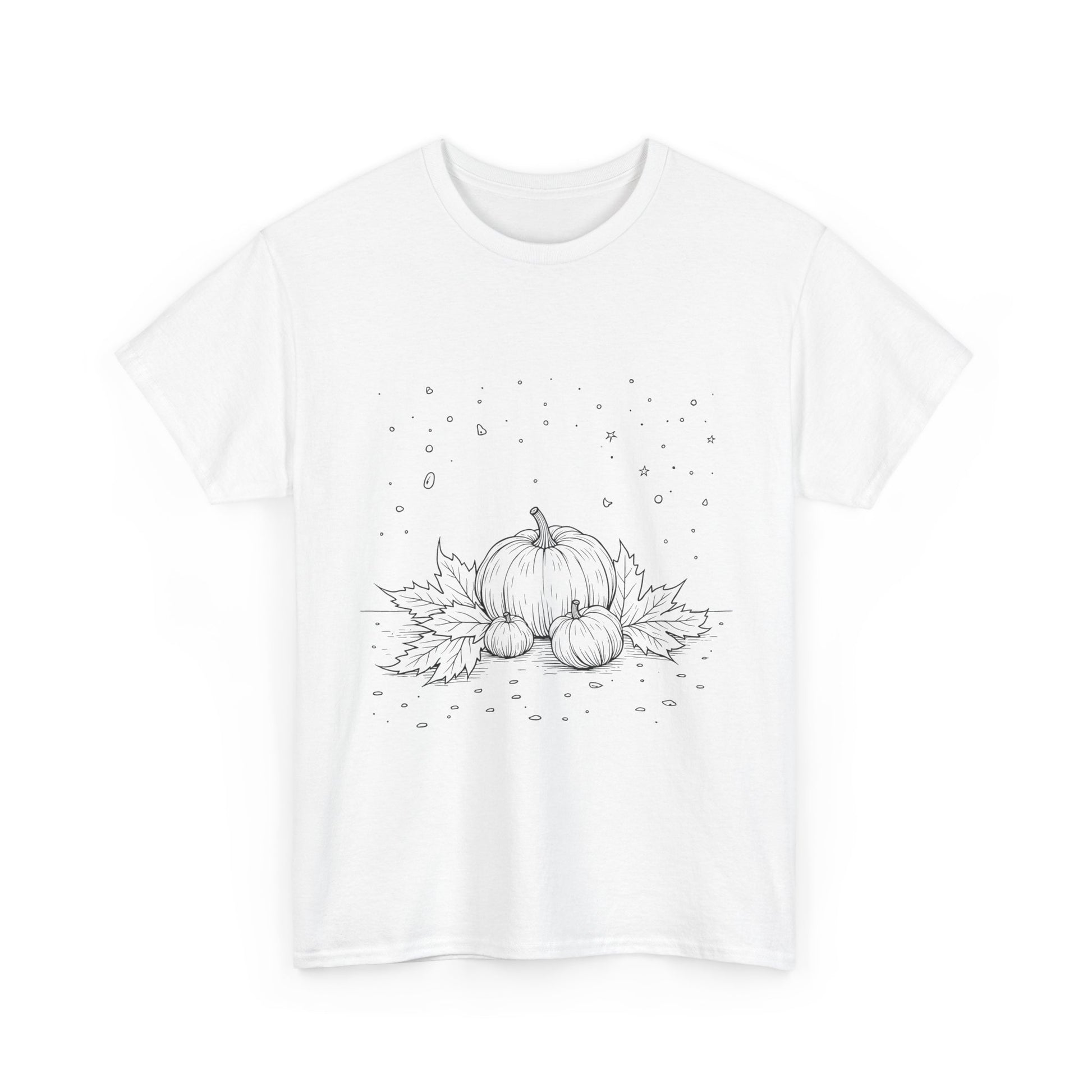 "White t-shirt featuring a hand-drawn graphic design of pumpkins and stars in a simple and whimsical black and white Halloween theme."