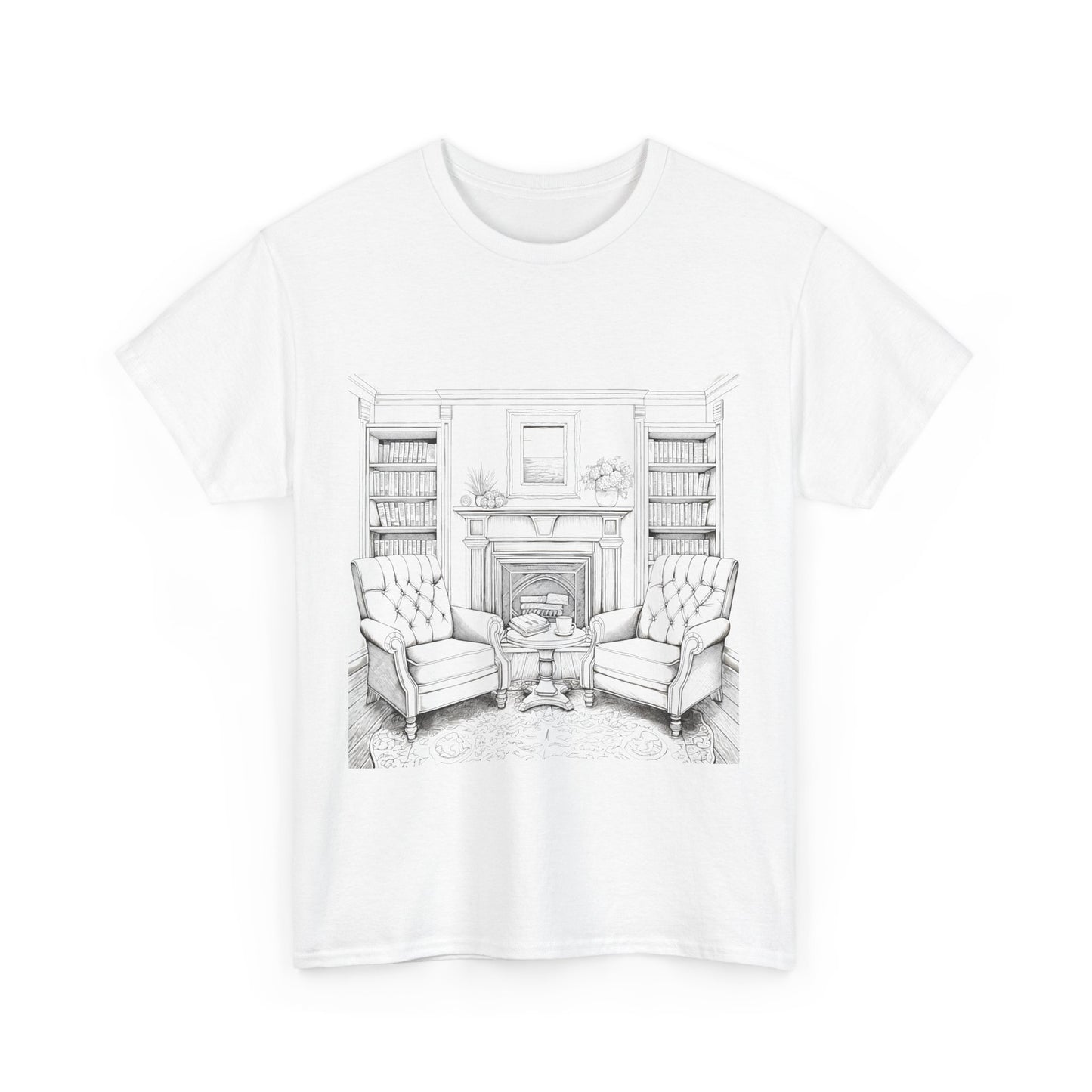 "Cozy living room illustration on white t-shirt featuring black and white design of couch, fireplace, books, and home decor elements."