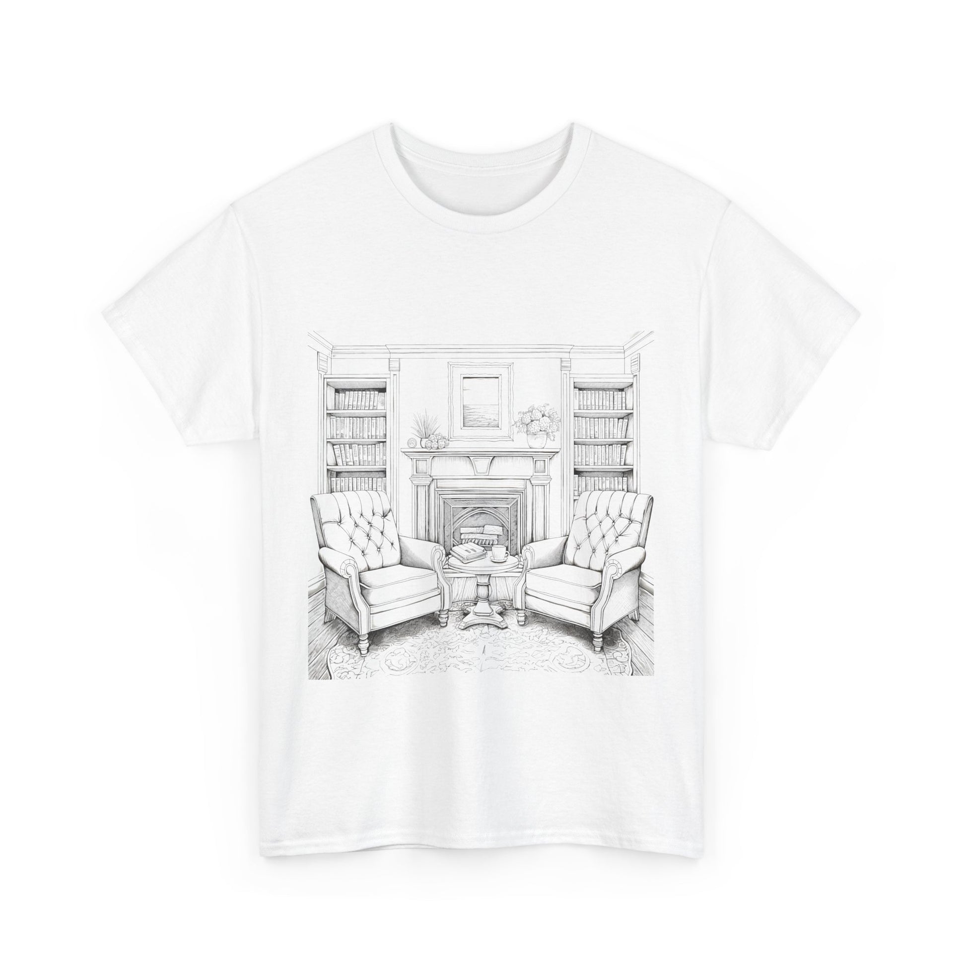 "Cozy living room illustration on white t-shirt featuring black and white design of couch, fireplace, books, and home decor elements."