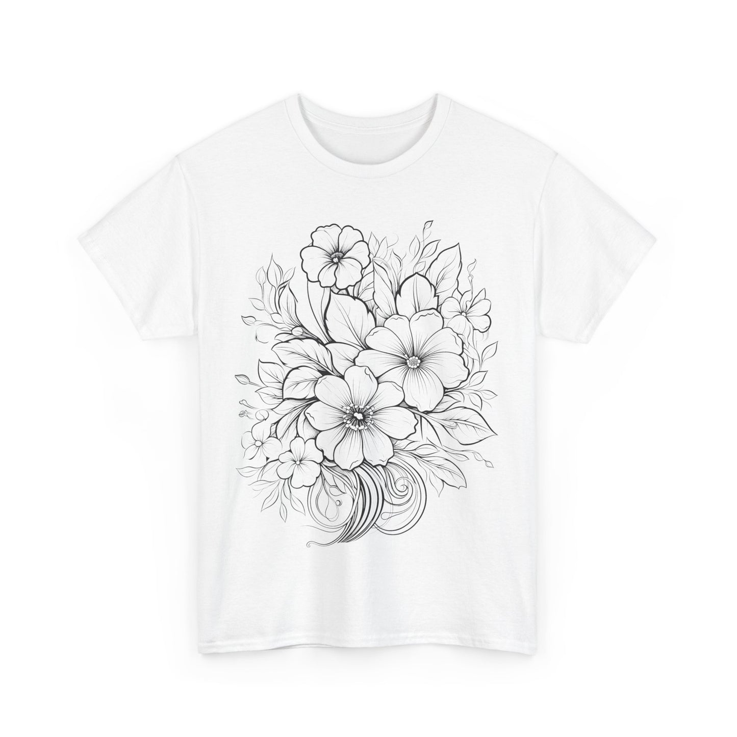 "White t-shirt featuring detailed black and white line drawings of various flowers, rendered in a monochromatic style reminiscent of adult coloring books."