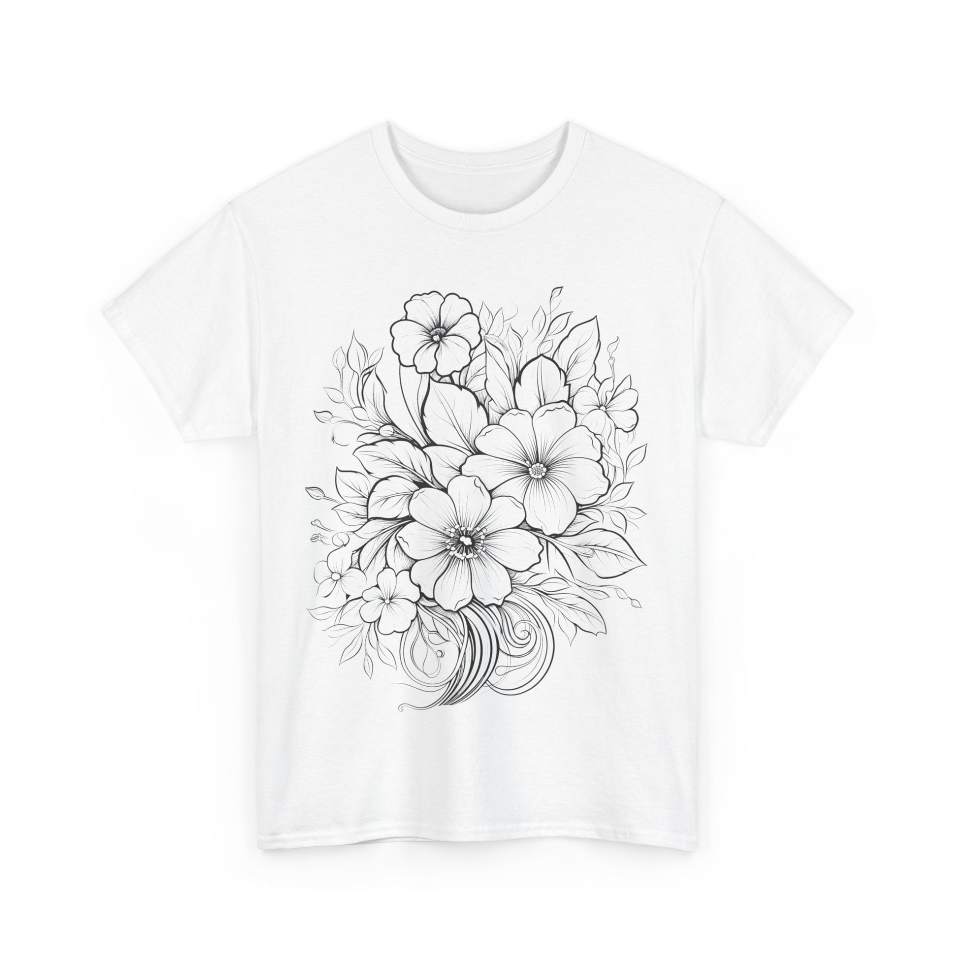 "White t-shirt featuring detailed black and white line drawings of various flowers, rendered in a monochromatic style reminiscent of adult coloring books."