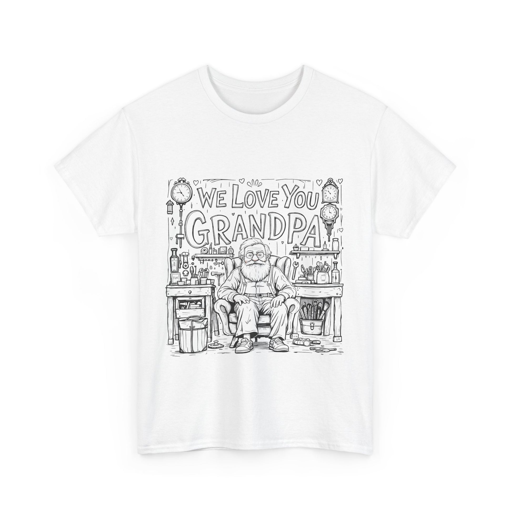 "Graphic t-shirt with cartoon illustration and text 'We Love You Grandpa'."