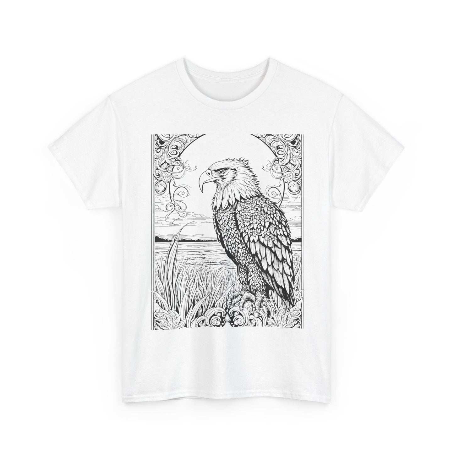 "White t-shirt featuring an eagle illustration against a tranquil landscape background, with intricate details."