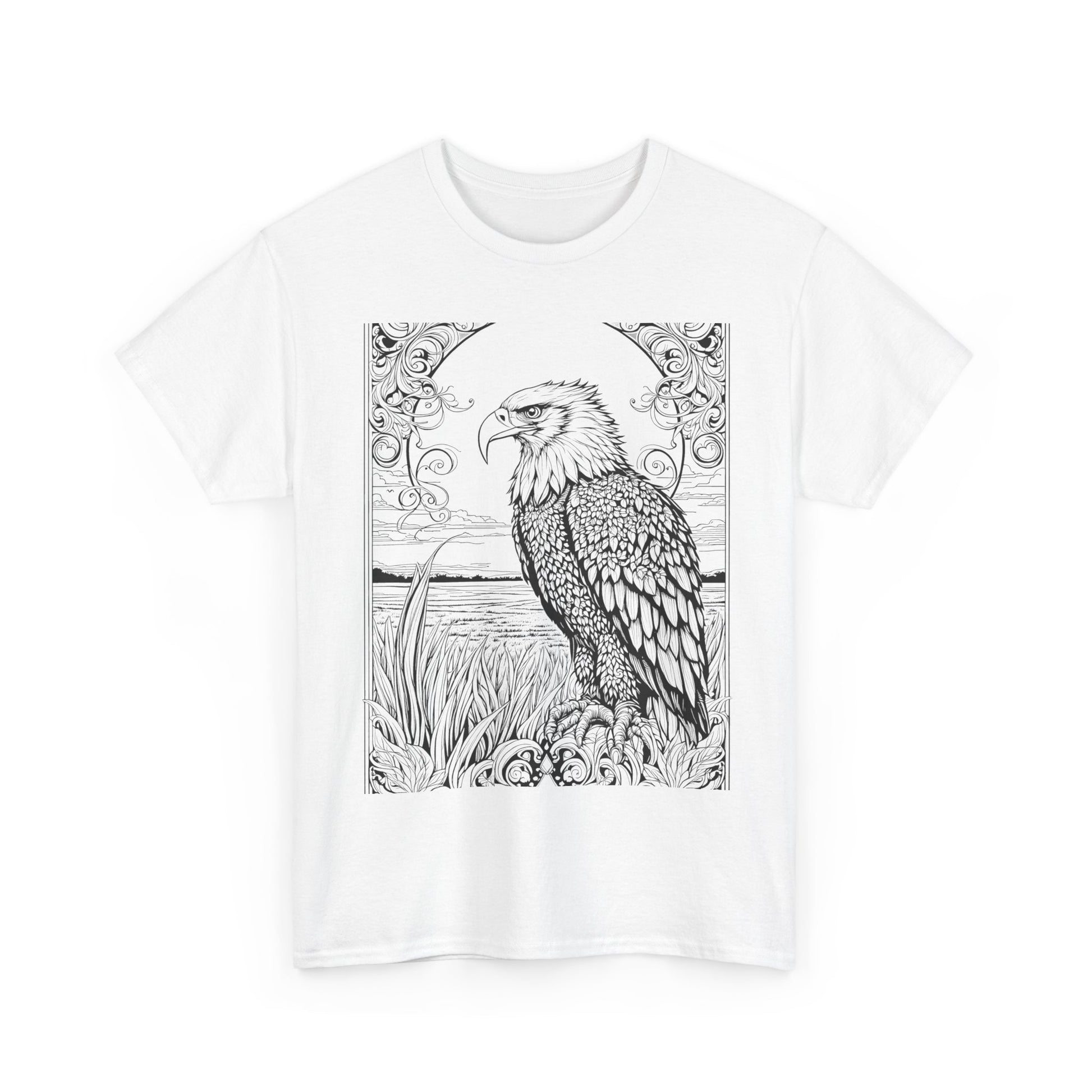 "White t-shirt featuring an eagle illustration against a tranquil landscape background, with intricate details."