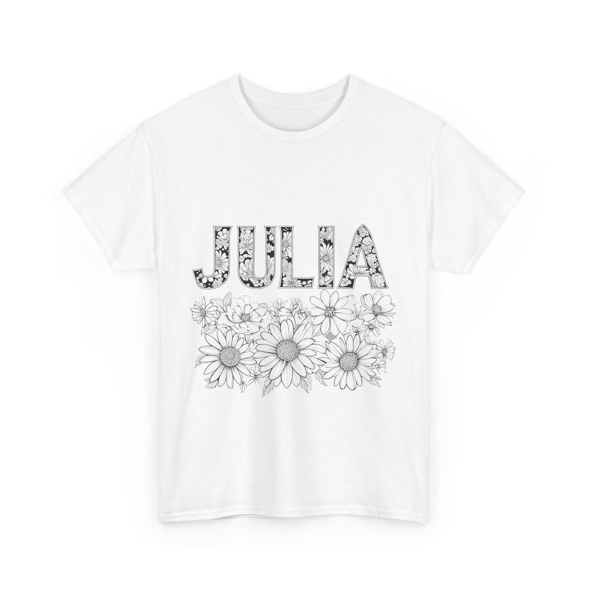 "White graphic t-shirt with black cursive text 'Julia' and floral pattern on the right sleeve."