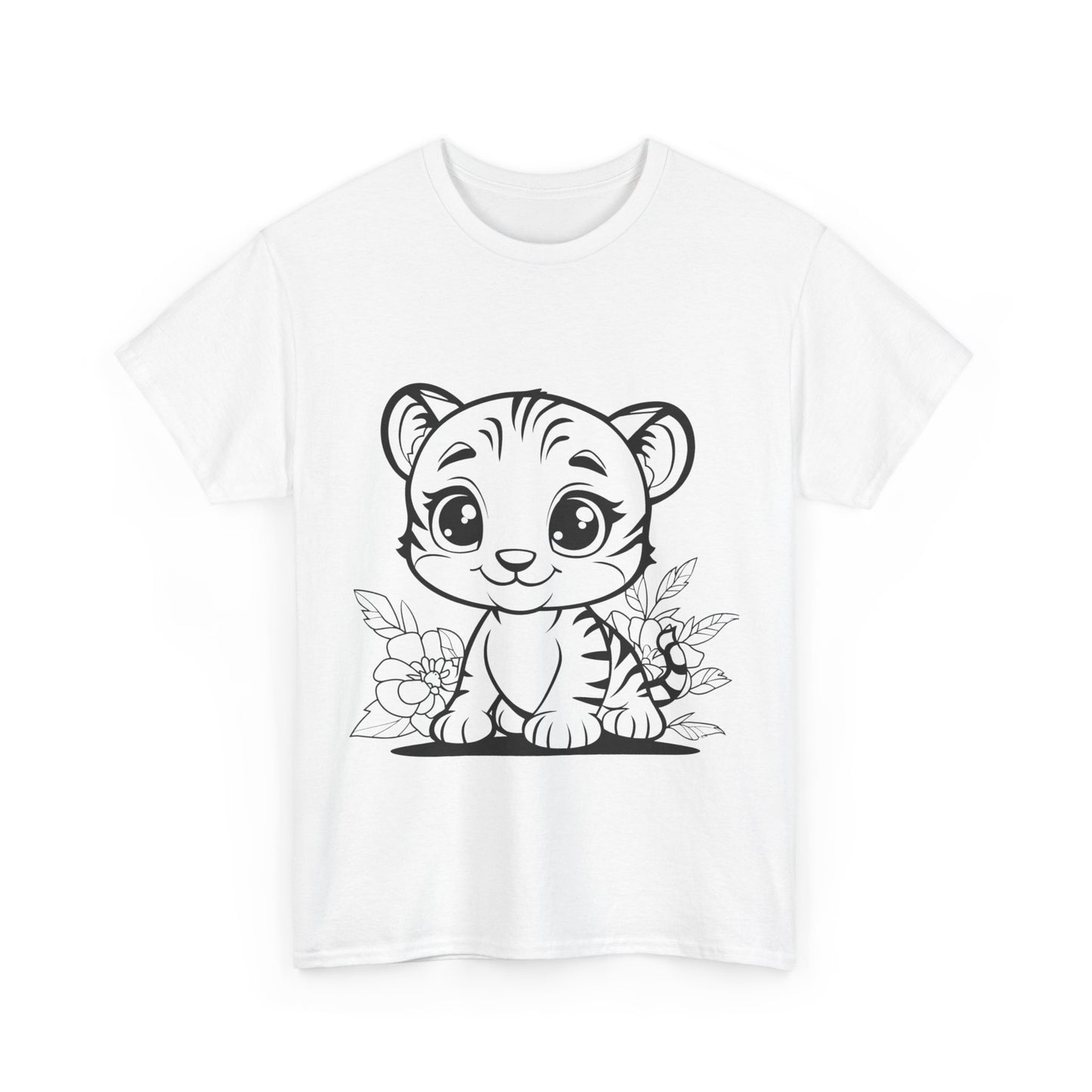 "White t-shirt featuring cartoon-style tiger cub graphic print with big, round eyes and innocent expression, surrounded by foliage details on a soft cotton material."