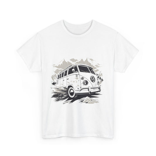 "An old rugged off-road van traveling through a desert landscape on a cracked road, surrounded by sparse vegetation."