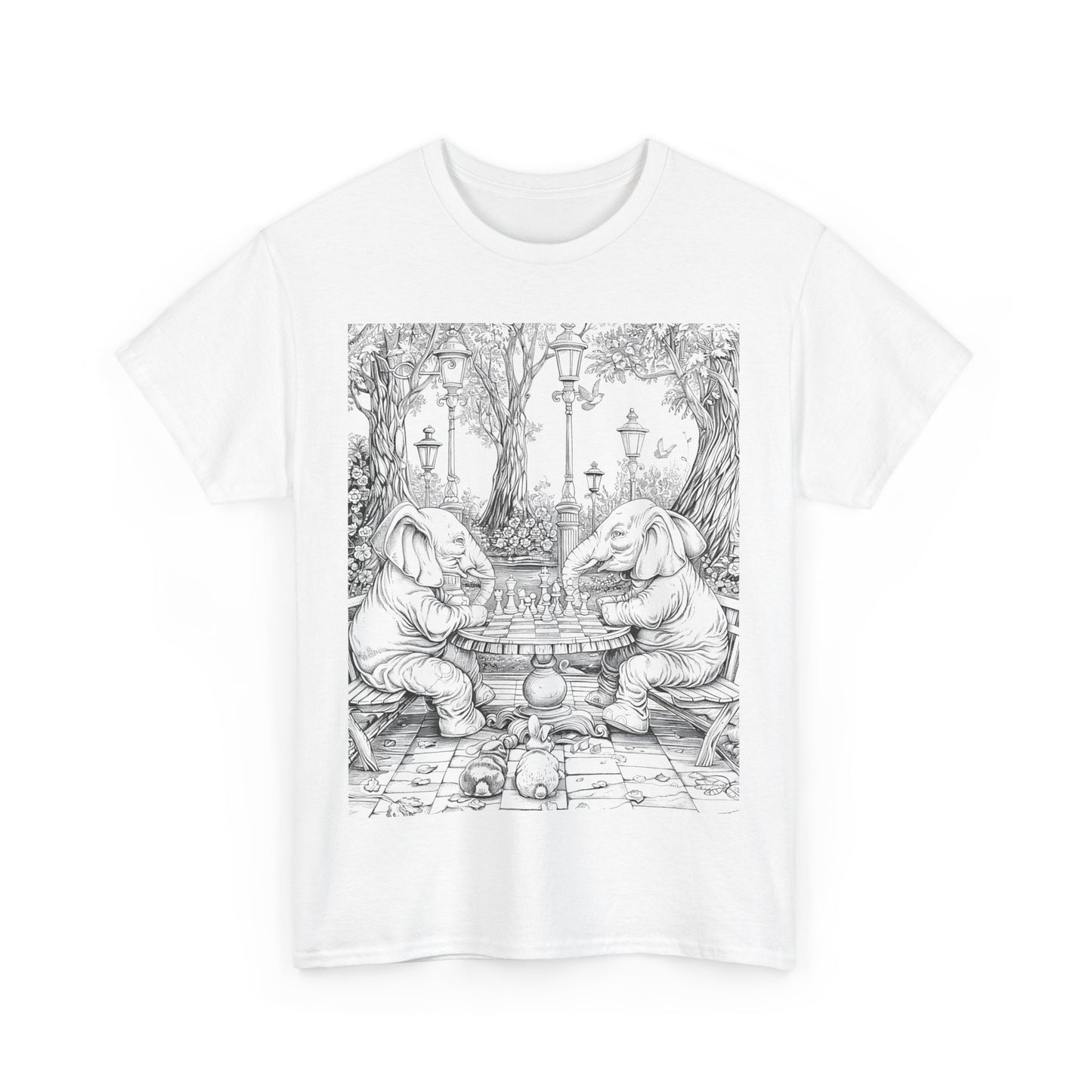 "Black and white graphic t-shirt featuring a detailed illustration of elephants playing cards at a table."