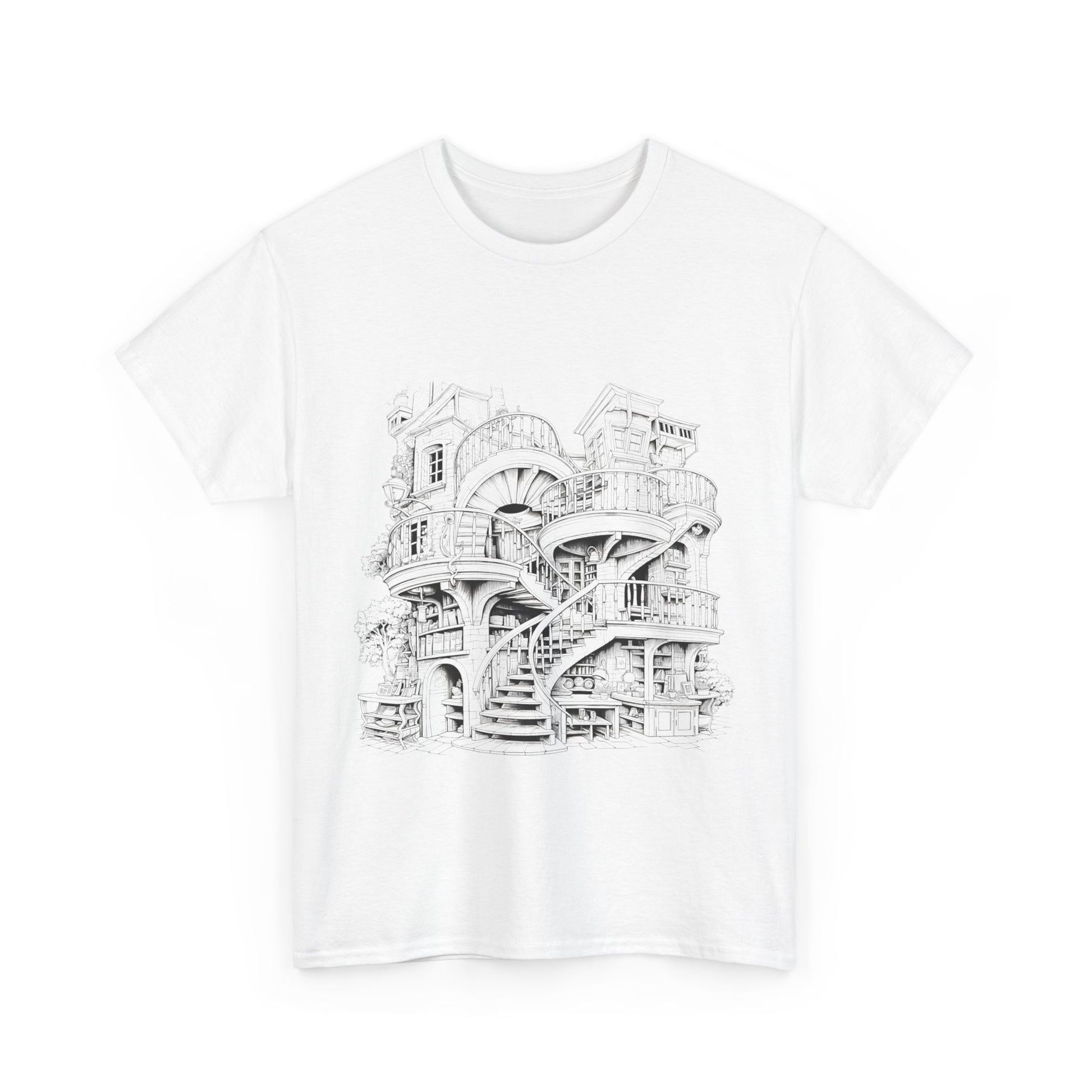 "Whimsical building illustration in black and white on a white T-shirt, inspired by the style of architect Antonio Gaudi."