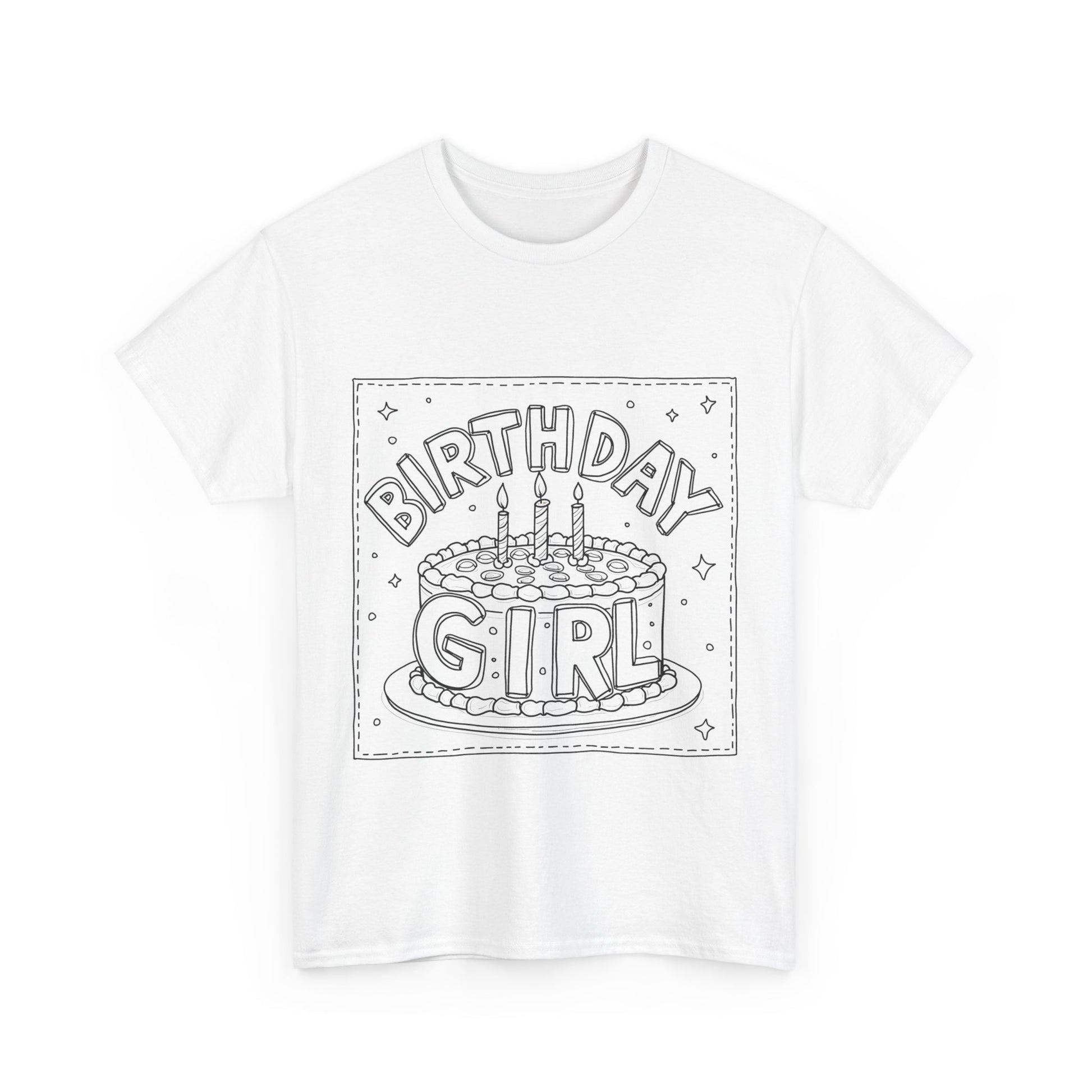 "White t-shirt featuring an illustration of a colorful birthday cake with candles and balloons, with text 'Birthday Girl' written on it."