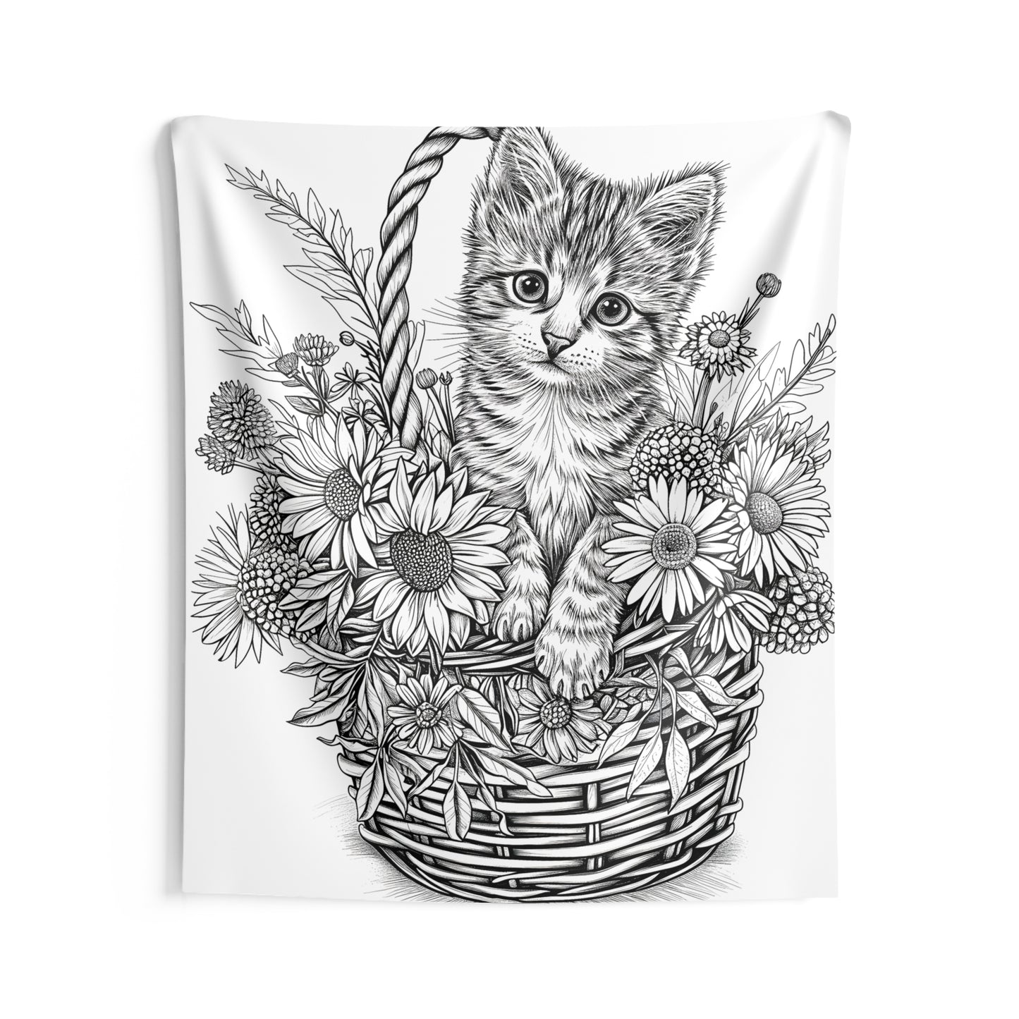 Indoor Wall Tapestries Coloring Kit with 10 Fabric Markers - Kitten in Basket