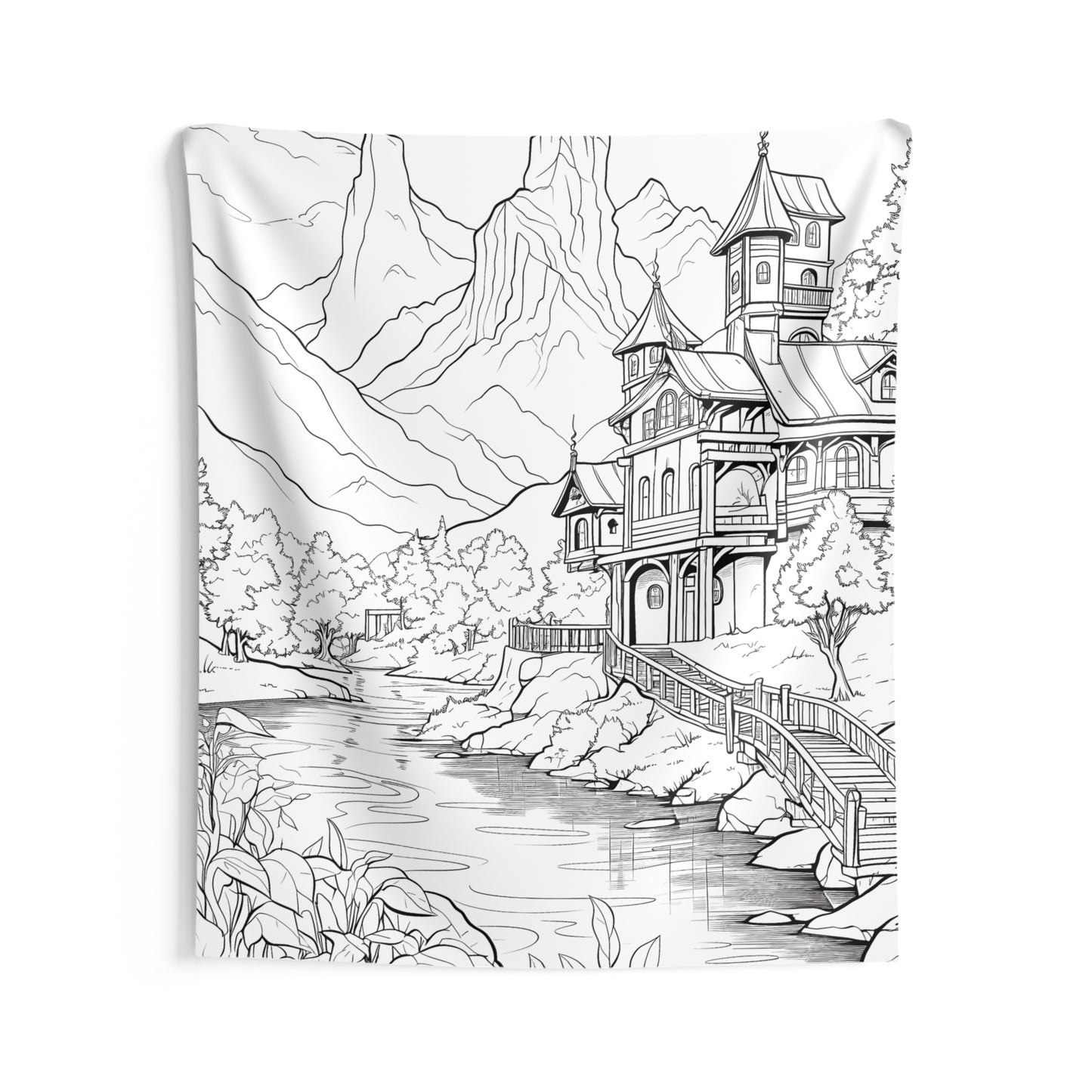 Indoor Wall Tapestries Coloring Kit with 10 Fabric Markers - Mountain Landscape with Building