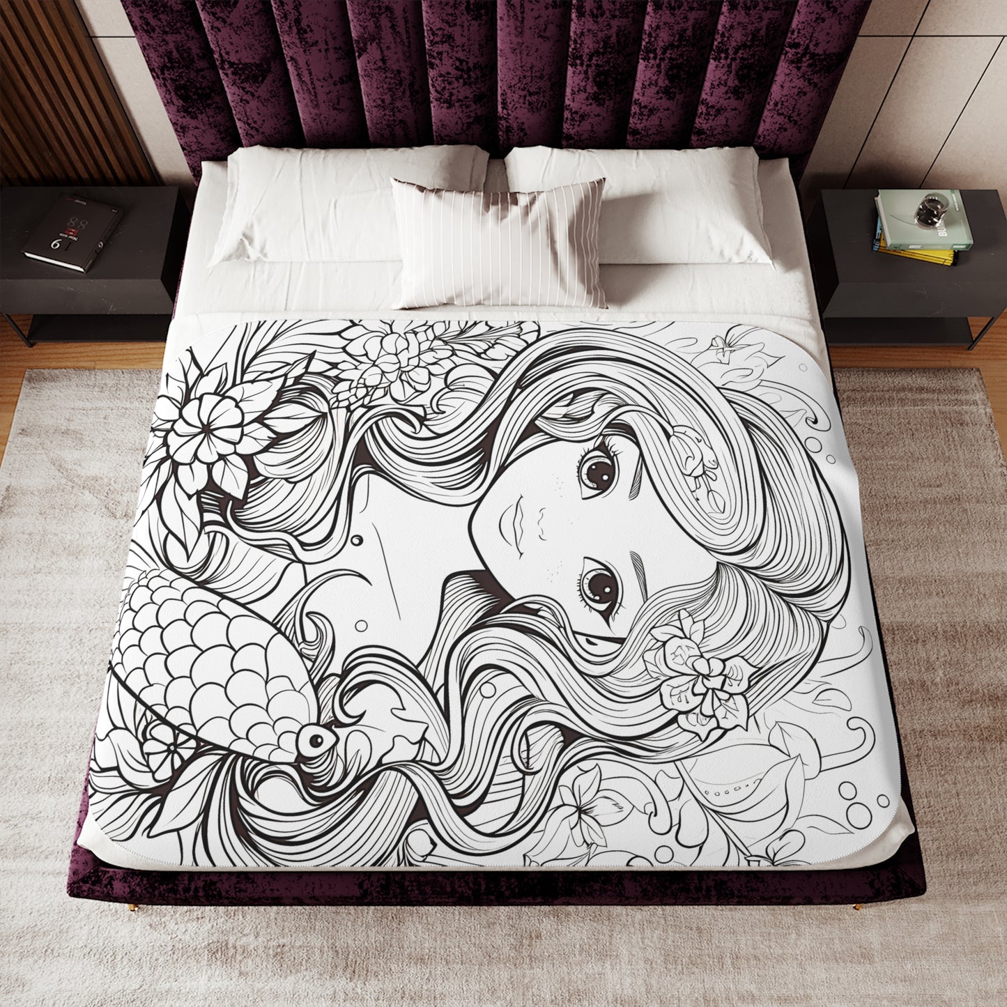 Blanket Coloring Kit with 10 Fabric Markers - Mermaid with Floral Elements