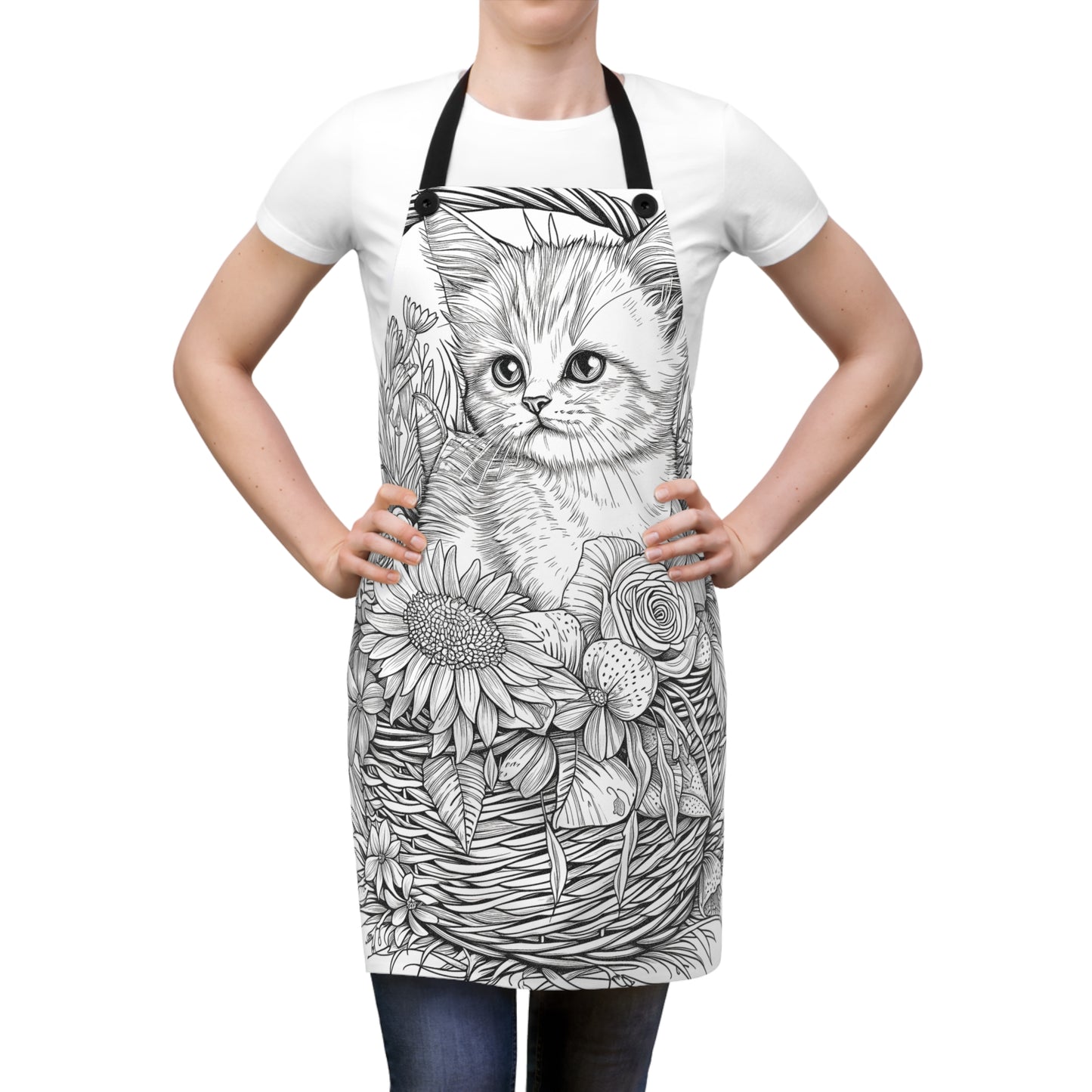 Apron Coloring Kit with 10 Fabric Markers - Cat in Flower Basket