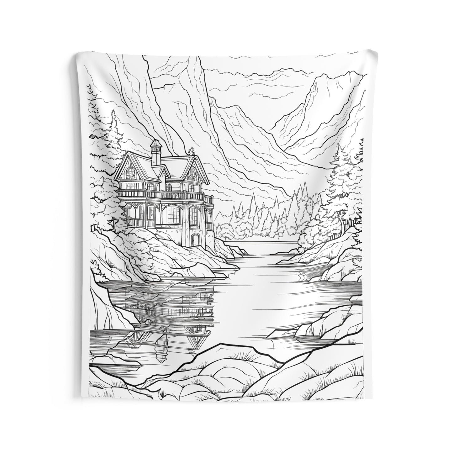 Indoor Wall Tapestries Coloring Kit with 10 Fabric Markers - Mountain Lake Cabin