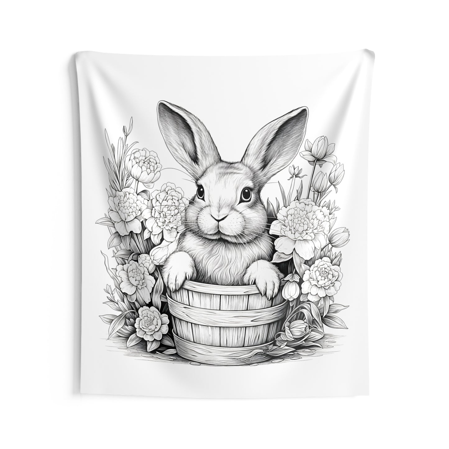 Indoor Wall Tapestries Coloring Kit with 10 Fabric Markers - Bunny in a Bucket with Flowers