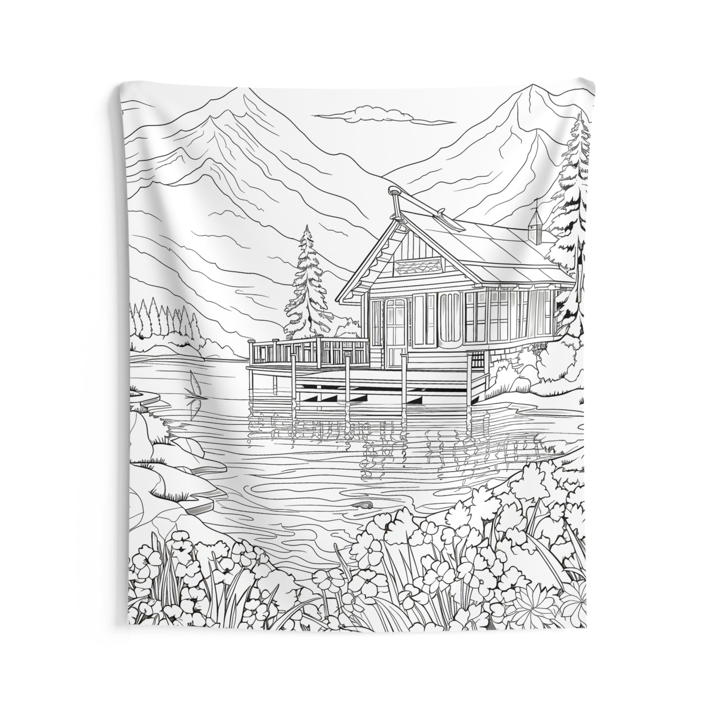 Indoor Wall Tapestries Coloring Kit with 10 Fabric Markers - Mountain Cabin by the Lake