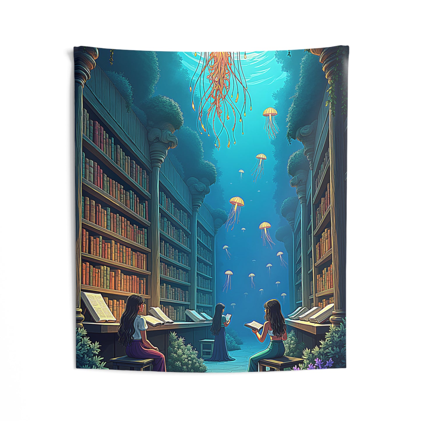 Indoor Wall Tapestries Colorful Graphic Design - Underwater Library