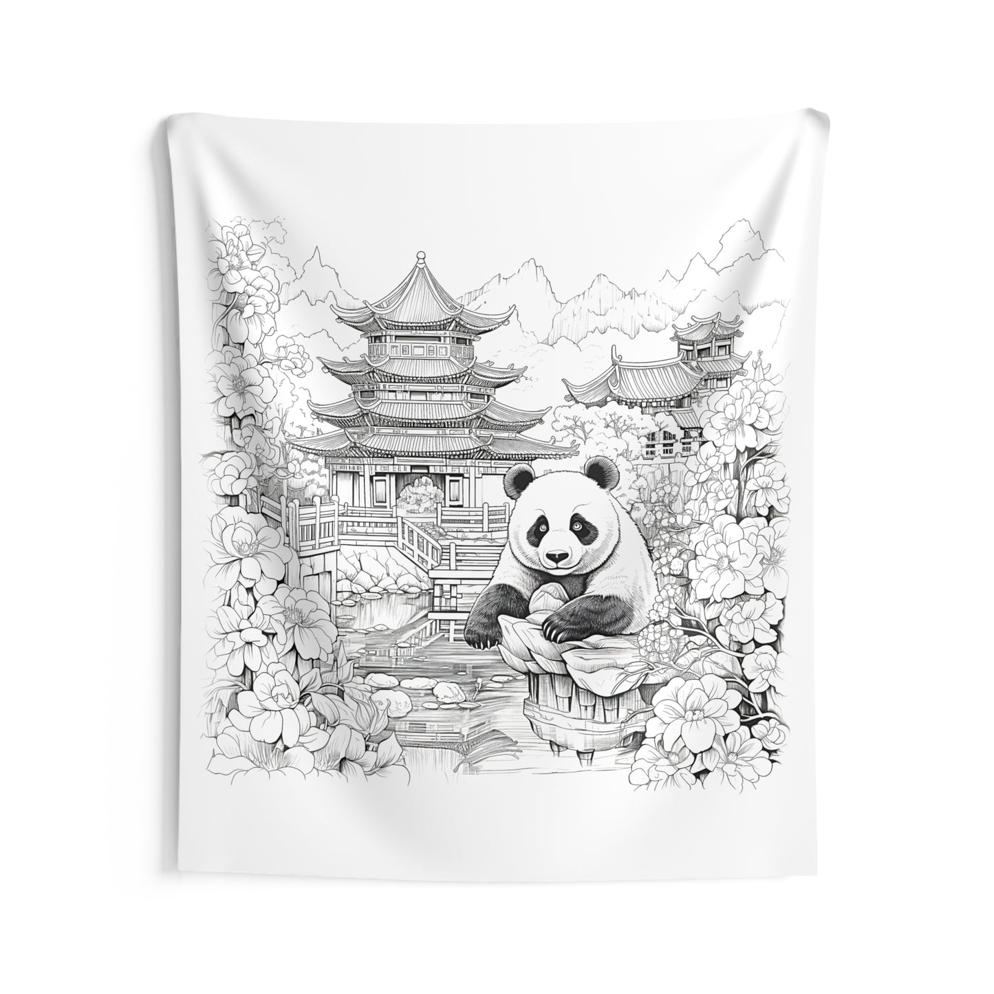 Indoor Wall Tapestries Coloring Kit with 10 Fabric Markers - Panda and Traditional Architecture