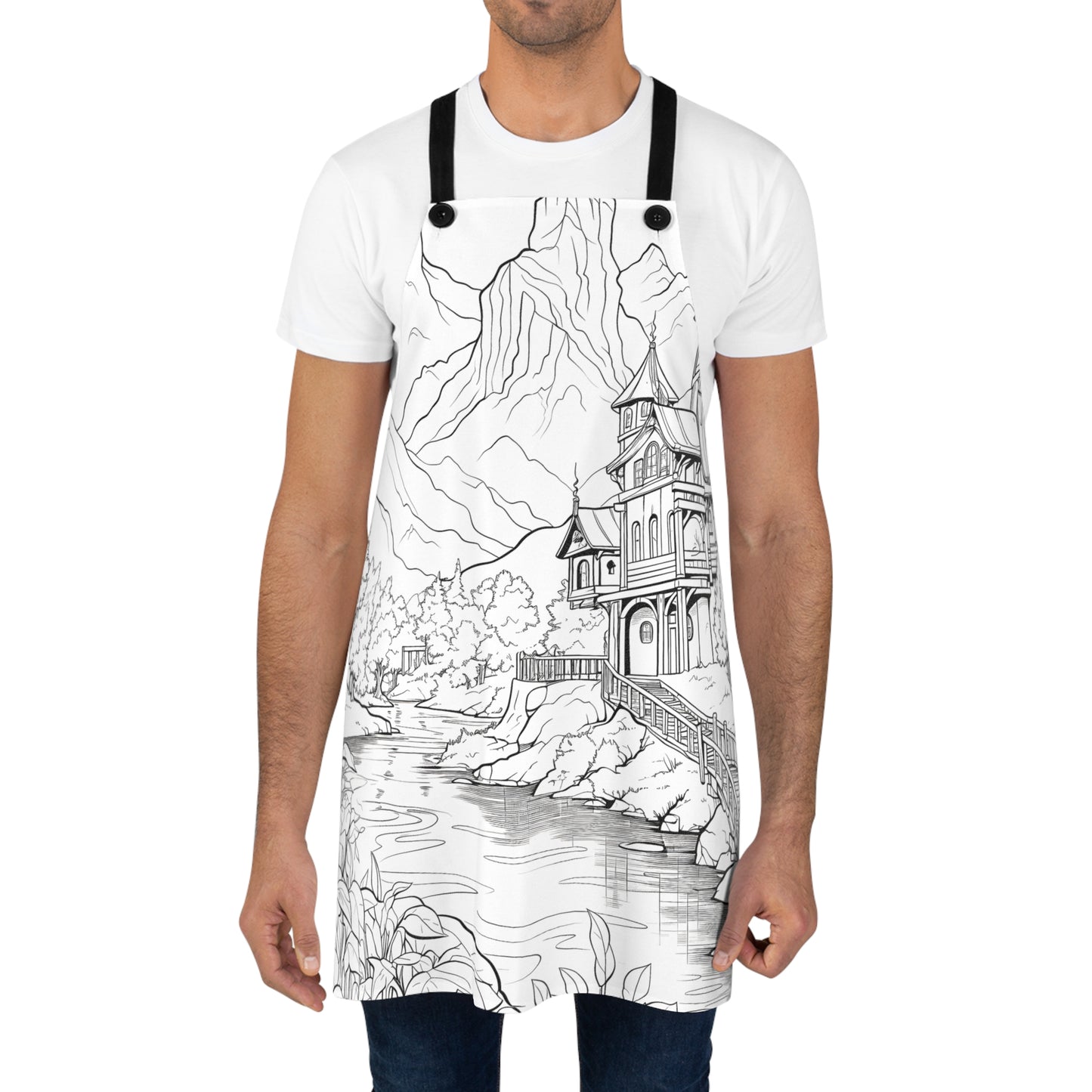 Apron Coloring Kit with 10 Fabric Markers - Mountain Landscape with Building