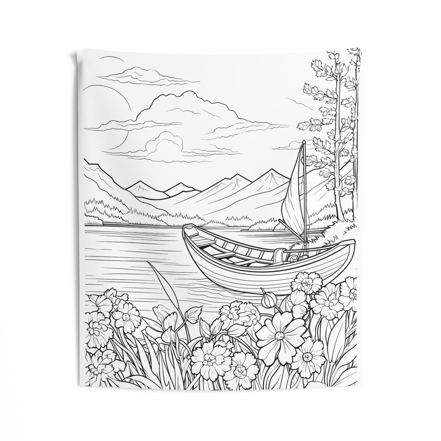 Indoor Wall Tapestries Coloring Kit with 10 Fabric Markers - Lakeside with Boat and Flowers