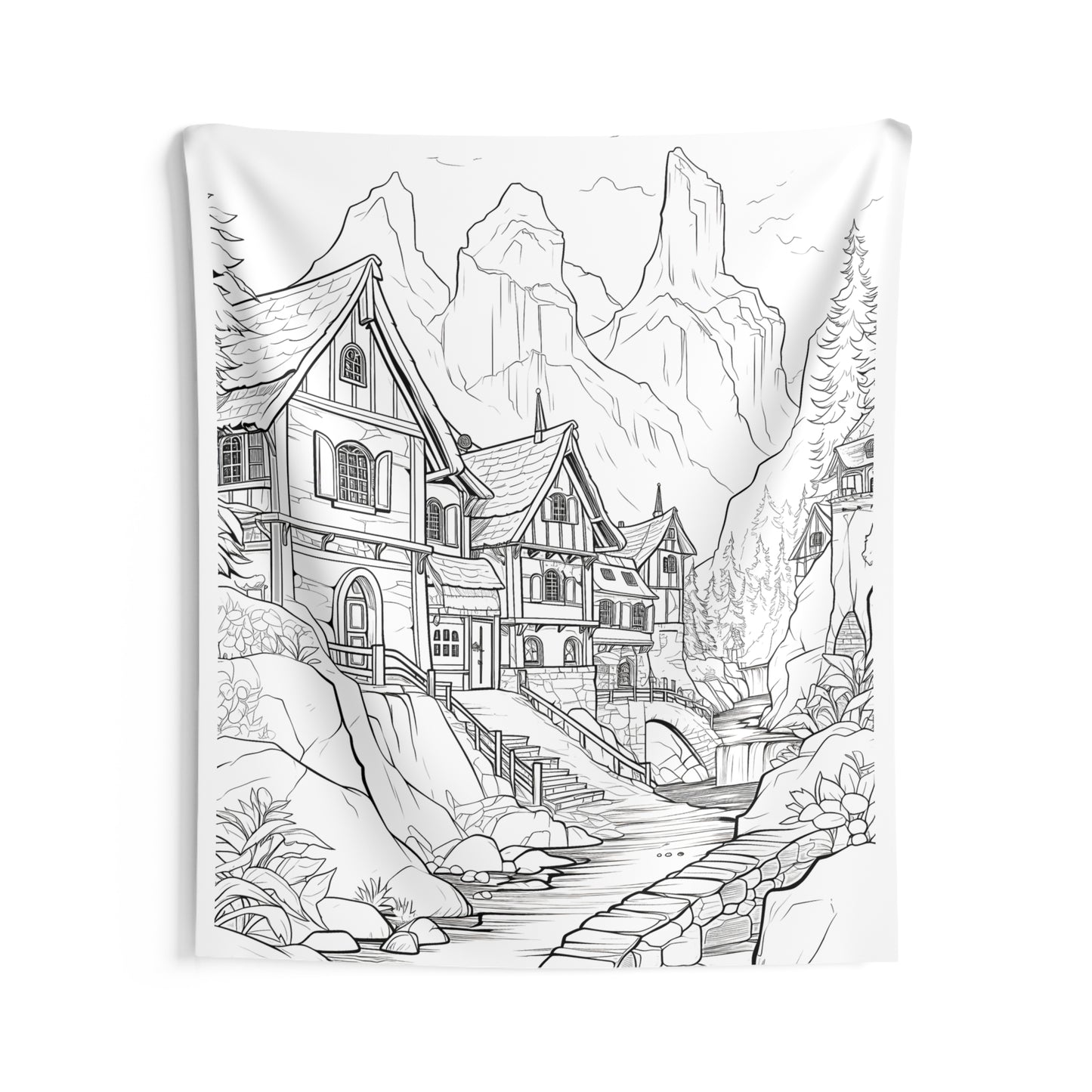 Indoor Wall Tapestries Coloring Kit with 10 Fabric Markers - Mountain Village Houses