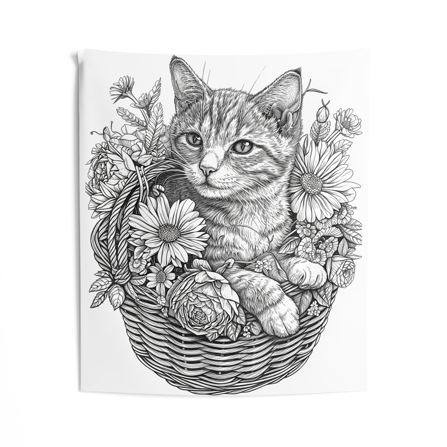 Indoor Wall Tapestries Coloring Kit with 10 Fabric Markers - Kitten with Flowers