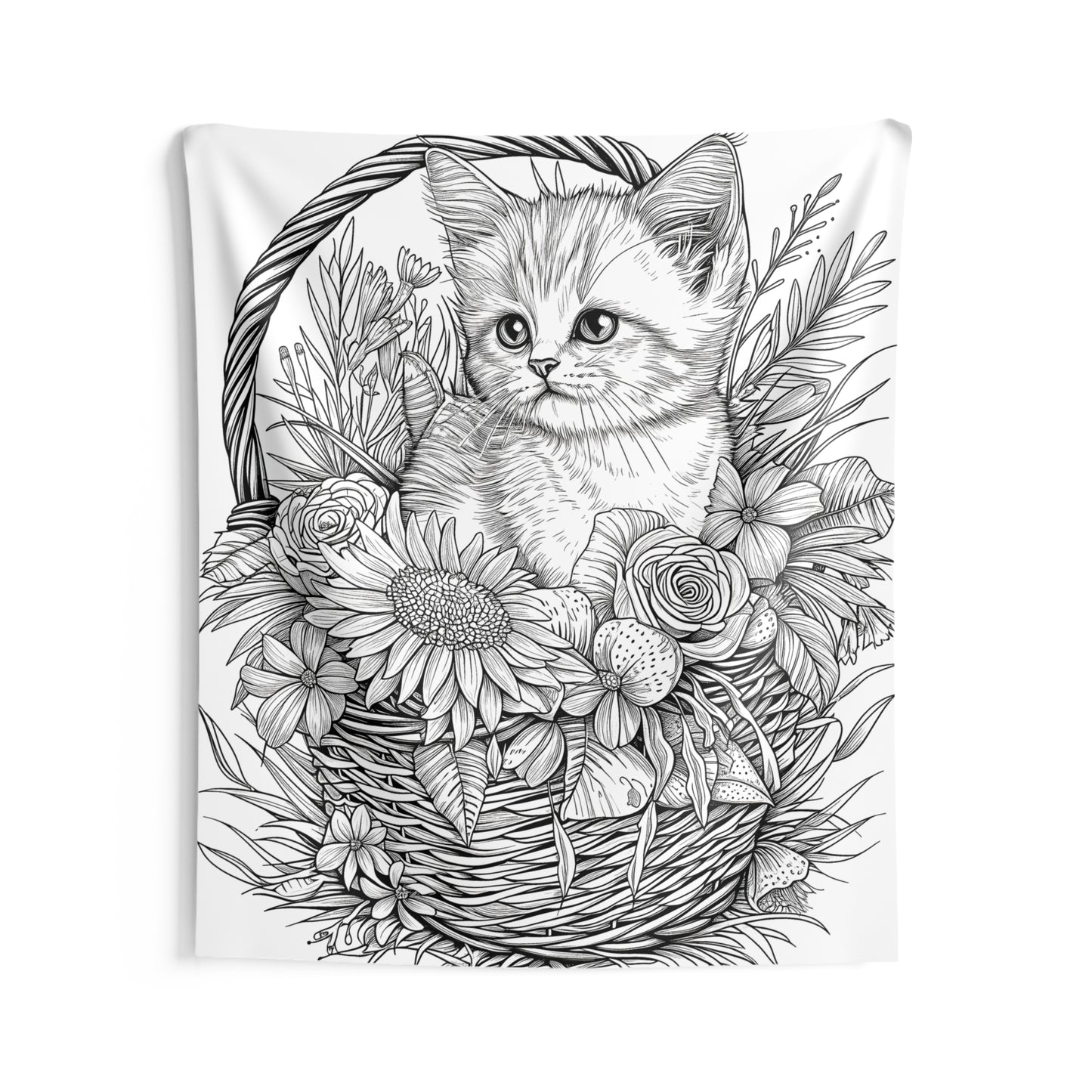 Indoor Wall Tapestries Coloring Kit with 10 Fabric Markers - Cat in Flower Basket