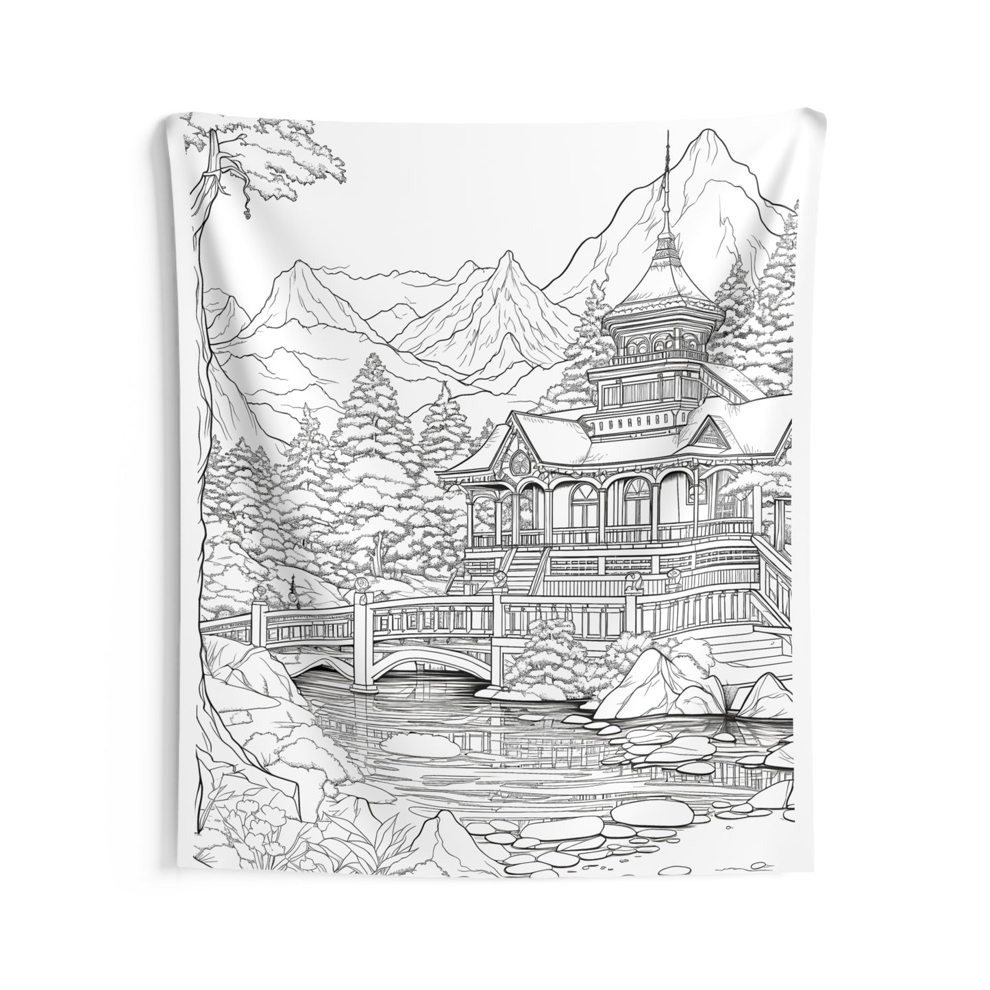 Indoor Wall Tapestries Coloring Kit with 10 Fabric Markers - Mountain Temple