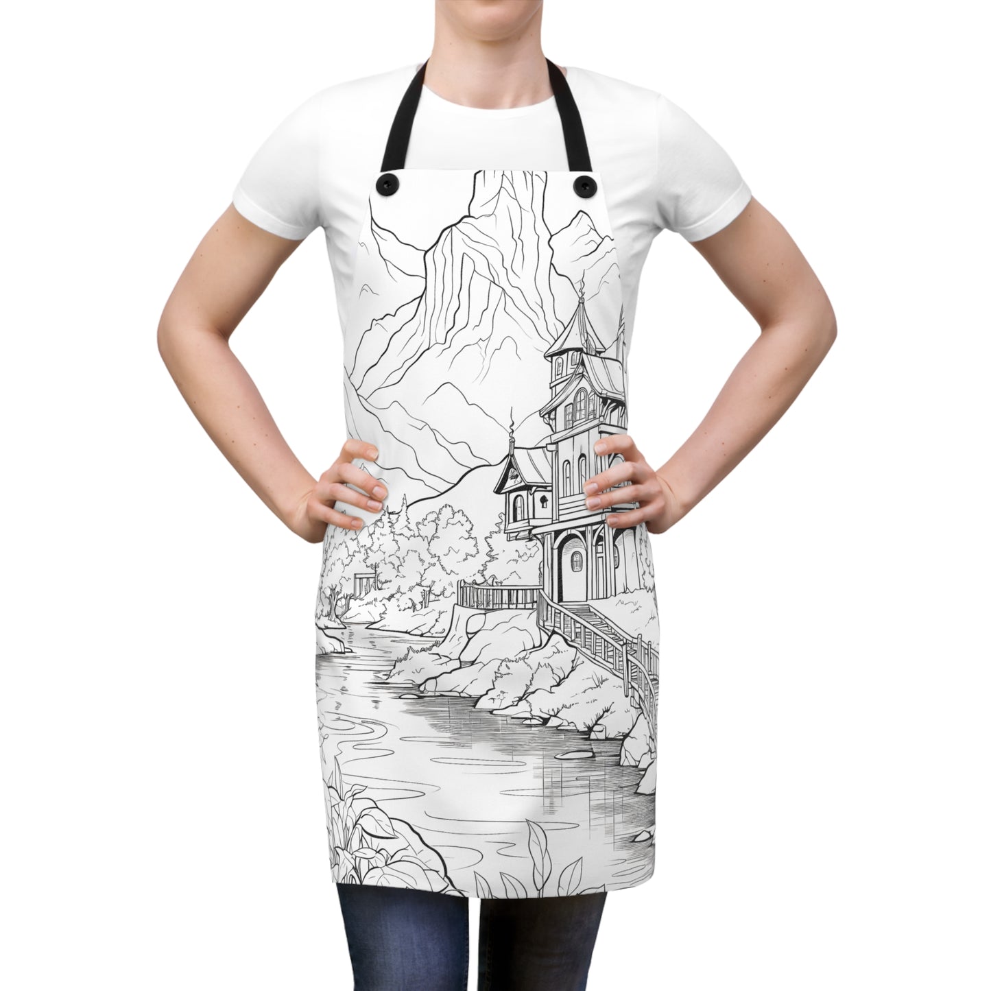 Apron Coloring Kit with 10 Fabric Markers - Mountain Landscape with Building