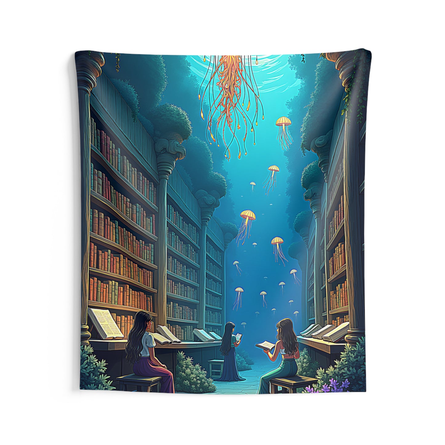 Indoor Wall Tapestries Colorful Graphic Design - Underwater Library