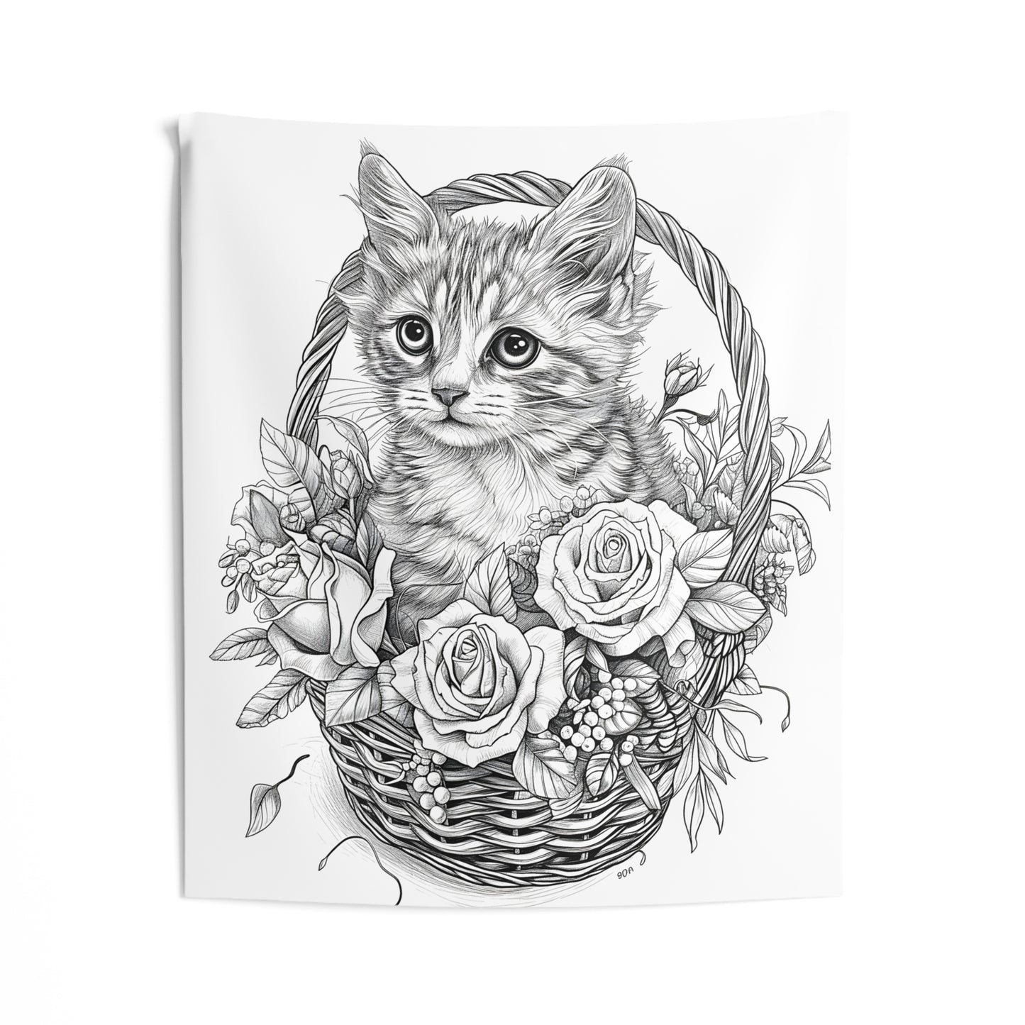 Indoor Wall Tapestries Coloring Kit with 10 Fabric Markers - Kitten in a Flower Basket