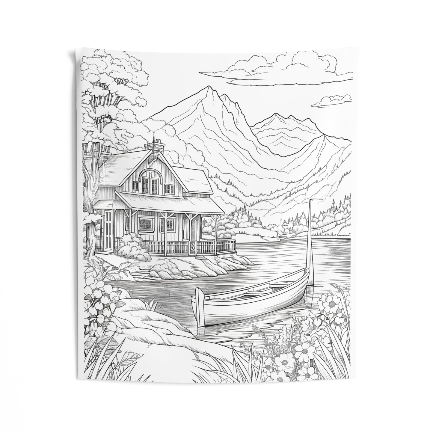 Indoor Wall Tapestries Coloring Kit with 10 Fabric Markers - Mountain Scenery with Cabin