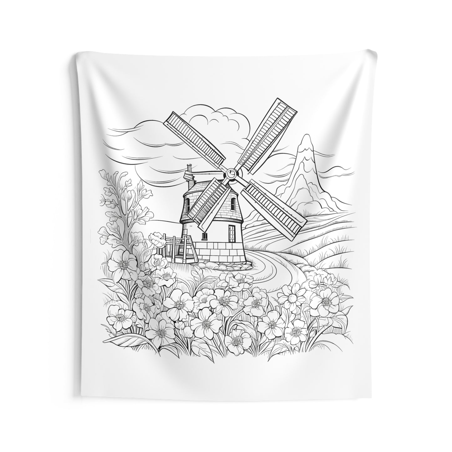 Indoor Wall Tapestries Coloring Kit with 10 Fabric Markers - Windmill Landscape