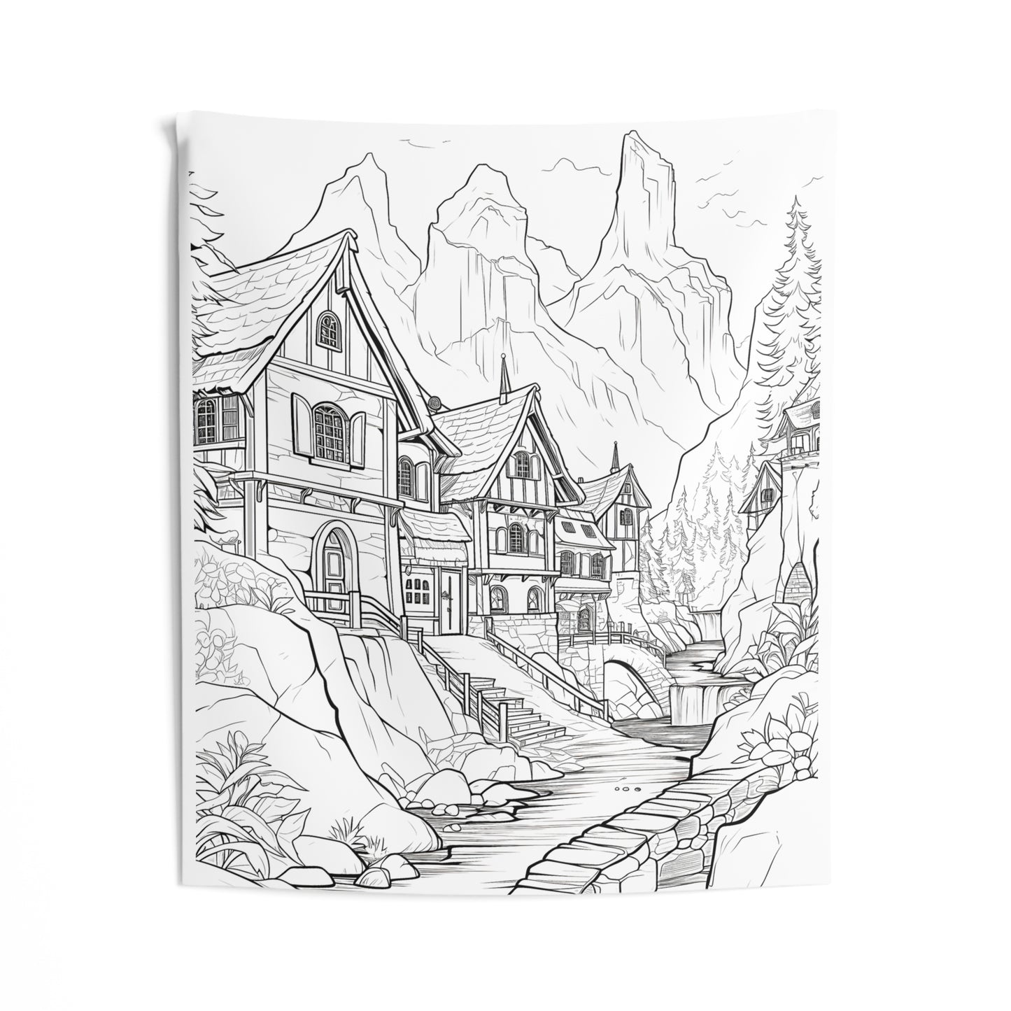 Indoor Wall Tapestries Coloring Kit with 10 Fabric Markers - Mountain Village Houses