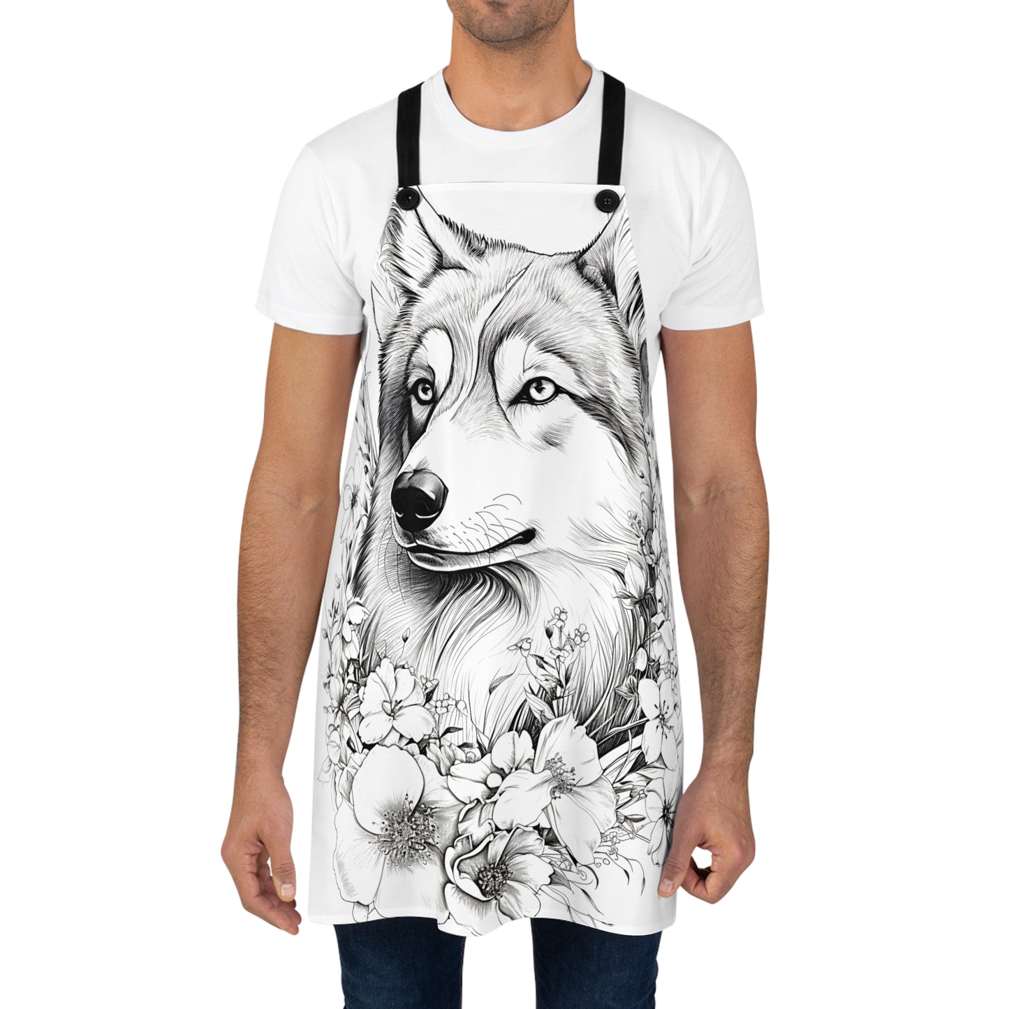 Apron Coloring Kit with 10 Fabric Markers - Wolf with Flowers