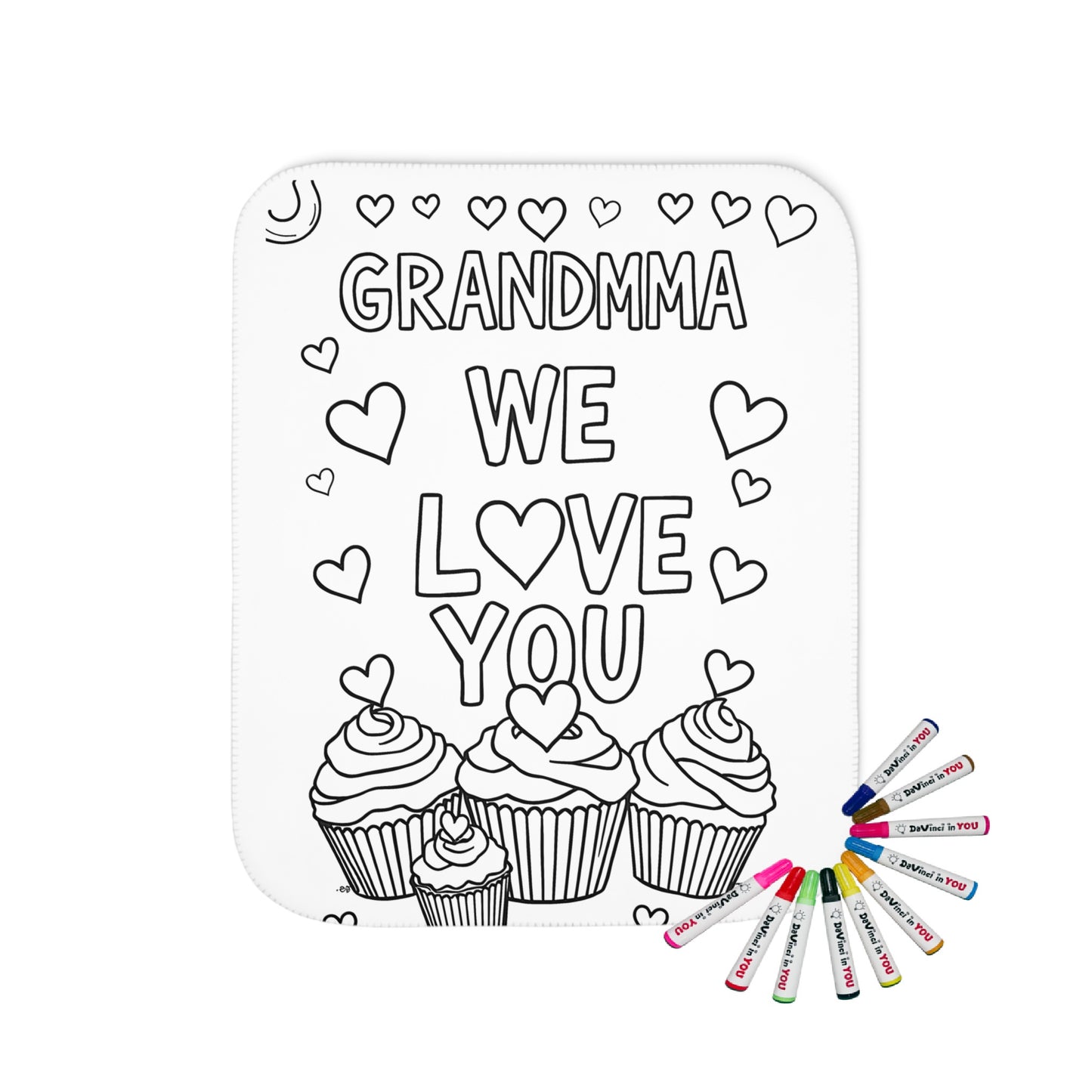 coloring blanket with GRANDMMA WE LOVE YOU design with hearts and cupcakes 