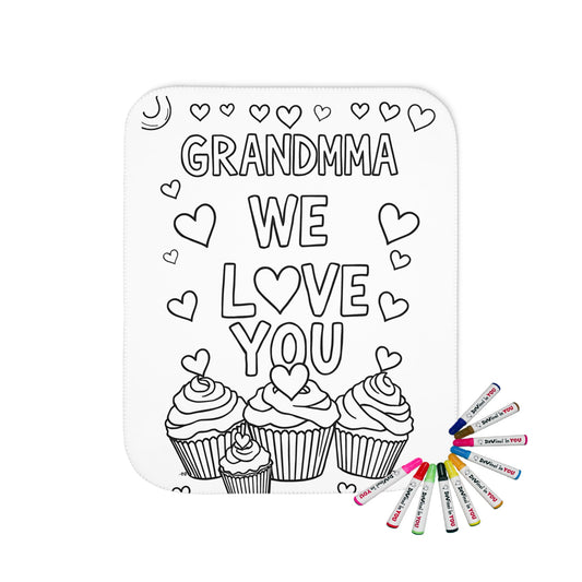 coloring blanket with GRANDMMA WE LOVE YOU design with hearts and cupcakes 