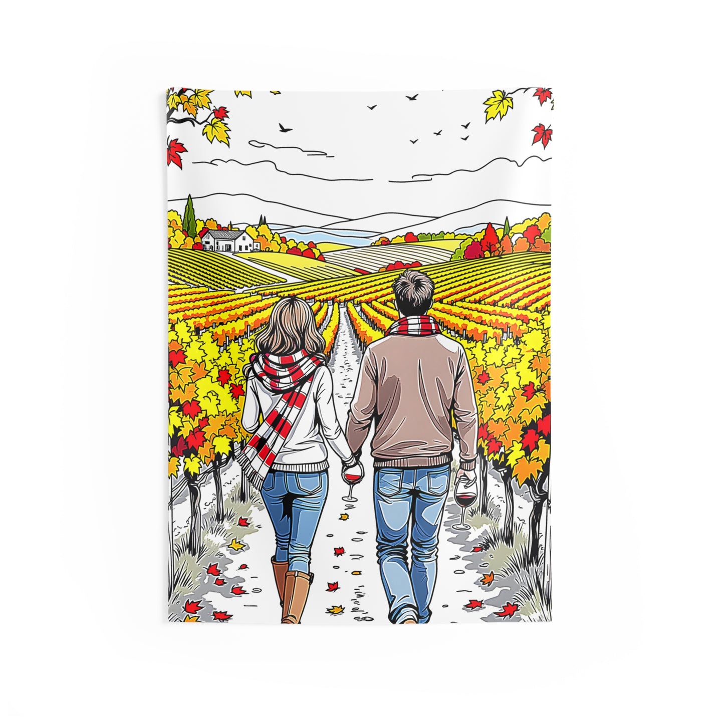 Indoor Wall Tapestries Colorful Graphic Design - Couple in Fall Vineyard