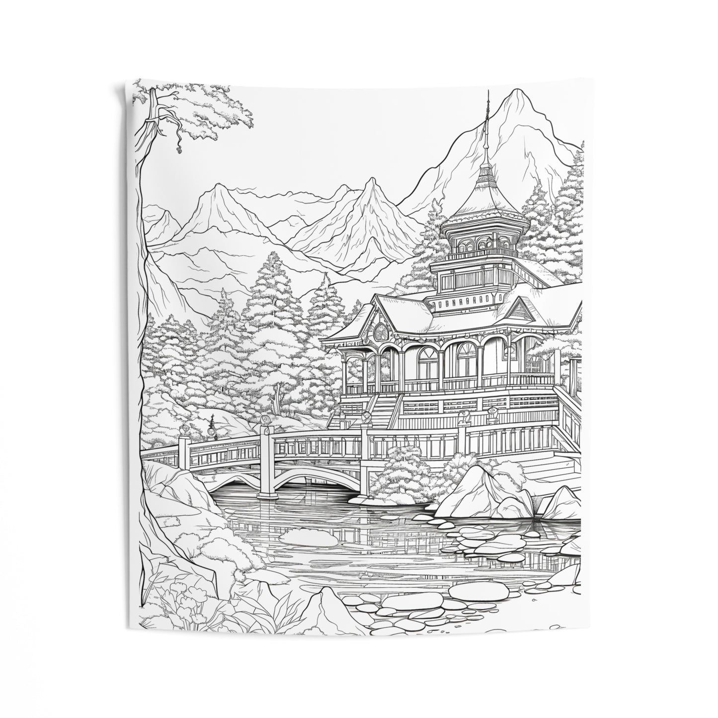 Indoor Wall Tapestries Coloring Kit with 10 Fabric Markers - Mountain Temple