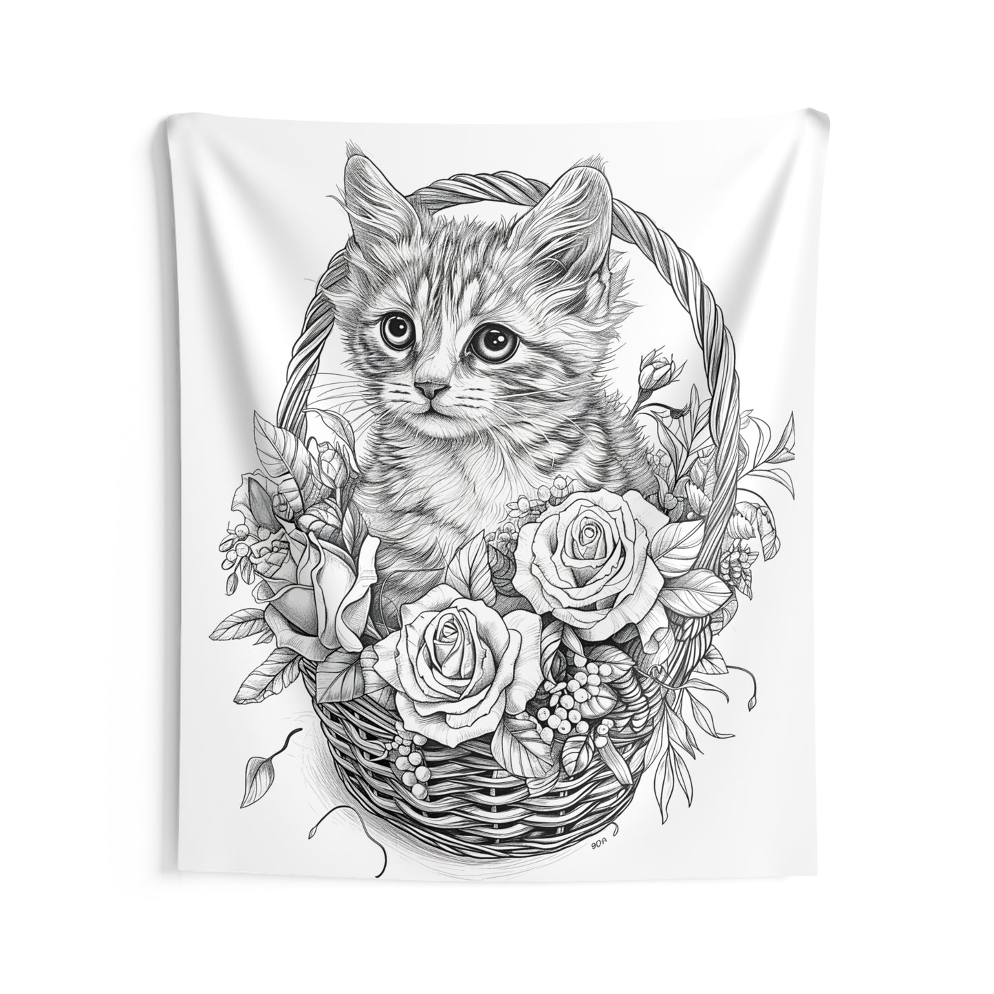 Indoor Wall Tapestries Coloring Kit with 10 Fabric Markers - Kitten in a Flower Basket