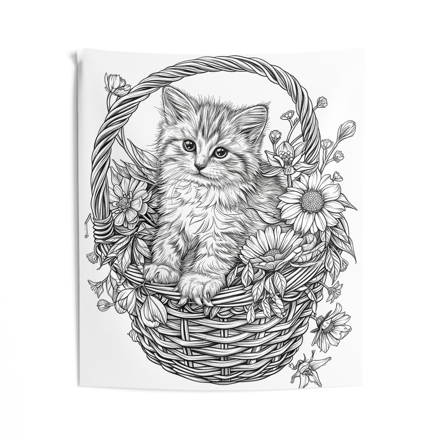 Indoor Wall Tapestries Coloring Kit with 10 Fabric Markers - Kitten in a basket