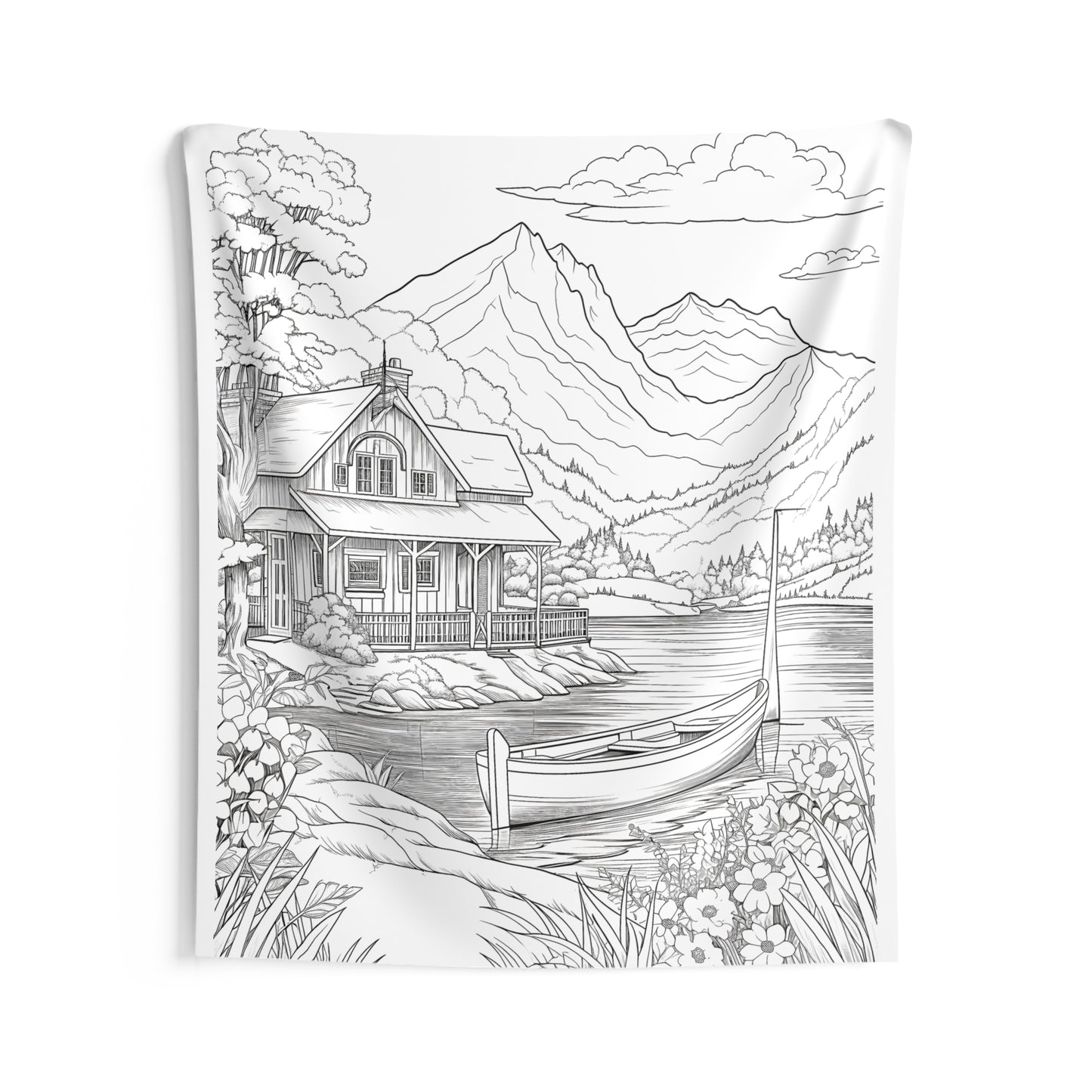 Indoor Wall Tapestries Coloring Kit with 10 Fabric Markers - Mountain Scenery with Cabin