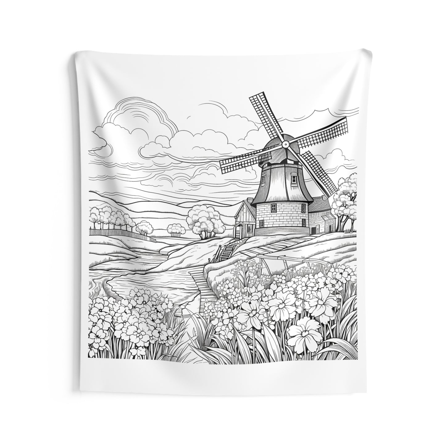 Indoor Wall Tapestries Coloring Kit with 10 Fabric Markers - Windmill Landscape